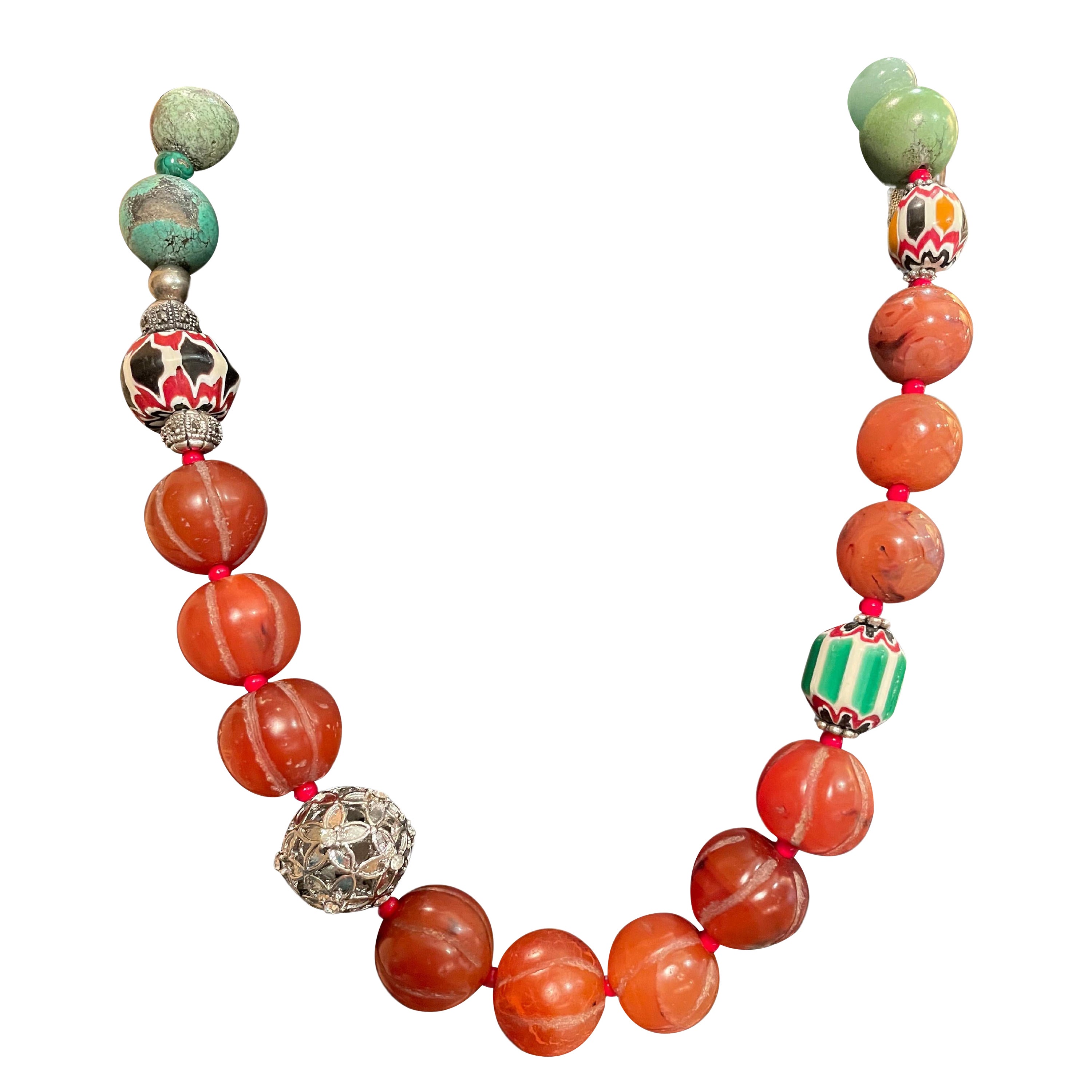 LB offers Vintage Carved Carnelian Green Turquoise Jade Venetian Glass necklace