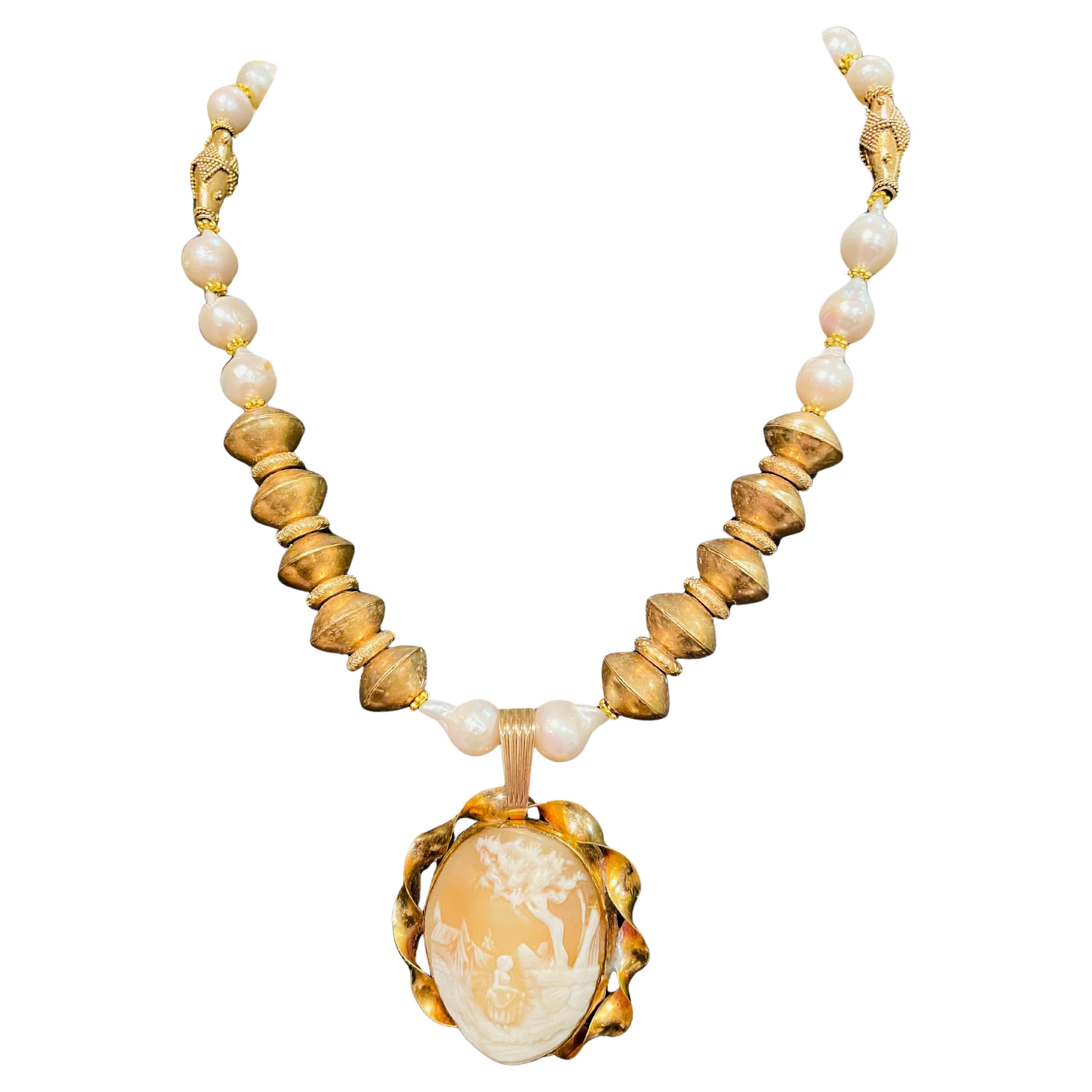 LB offers Vintage Carved Italian Cameo Tibetan brass Baroque Pearls Necklace