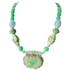 LB bietet Vintage Chinese Jade Sterling Emaille Brosche venezianischen Achaten Halskette