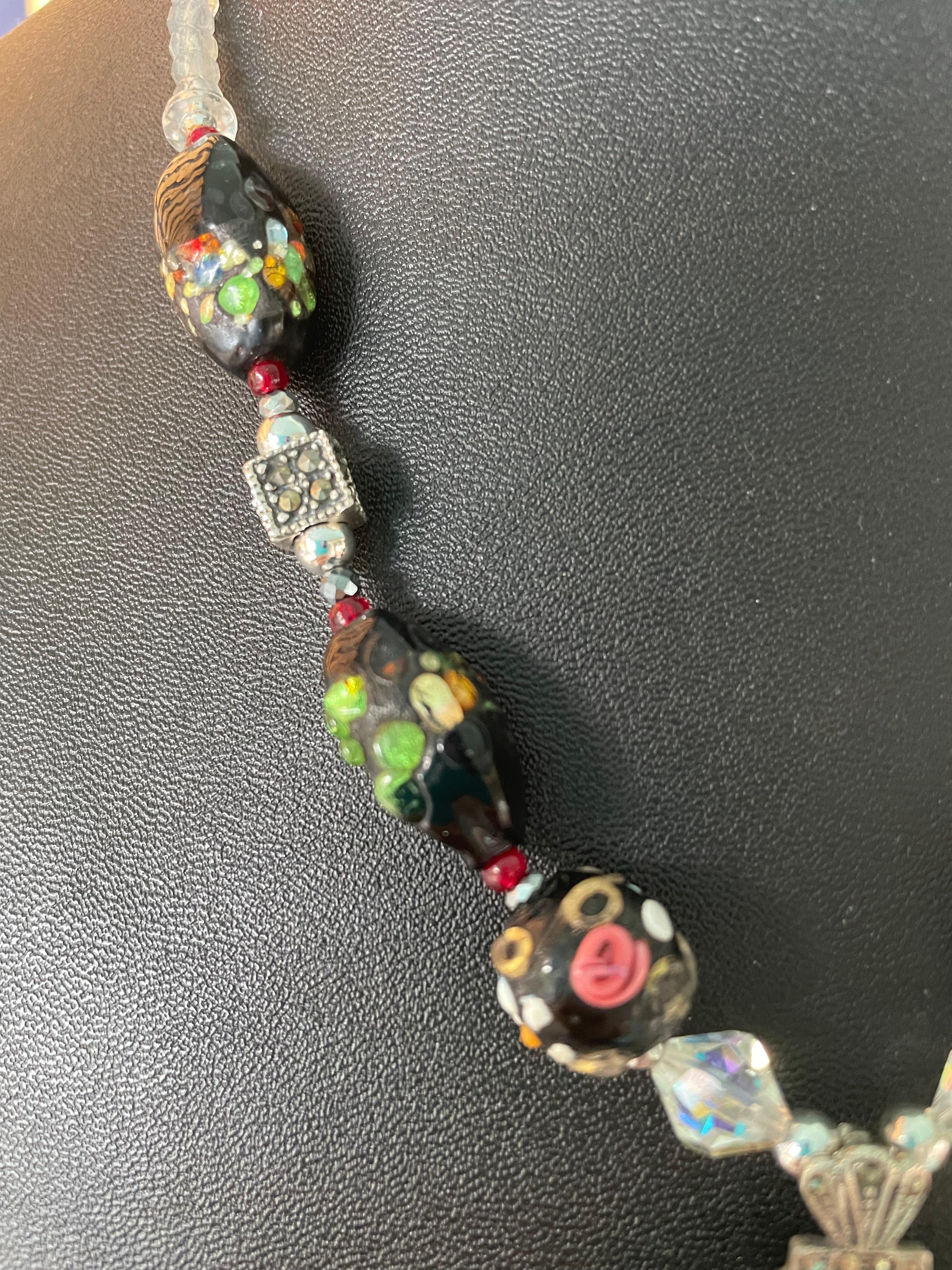 Perle LB offre Vintage Deco SS Onyx Pendentif Verre vénitien Labradorite Collier SS en vente