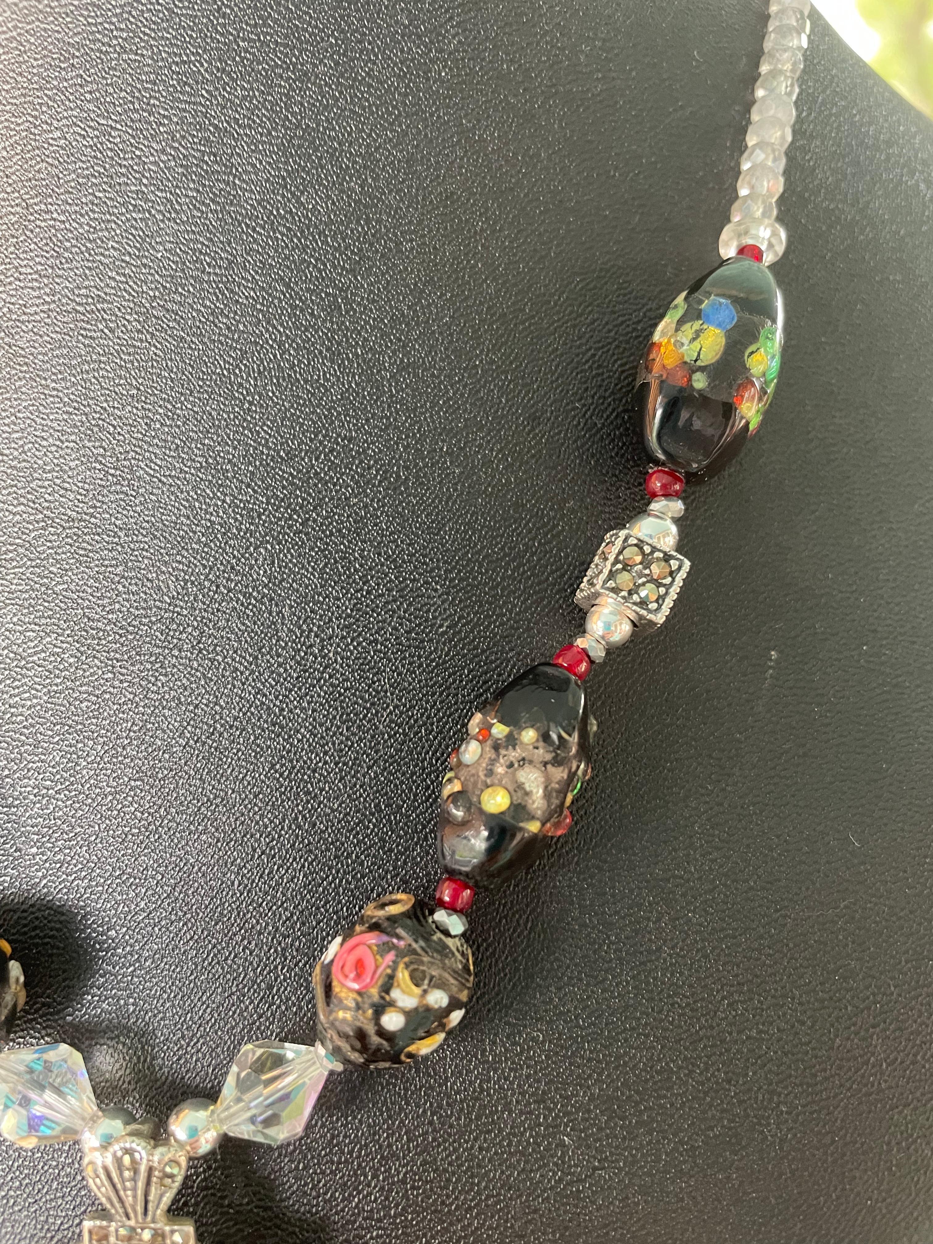 LB offre Vintage Deco SS Onyx Pendentif Verre vénitien Labradorite Collier SS Bon état - En vente à Pittsburgh, PA