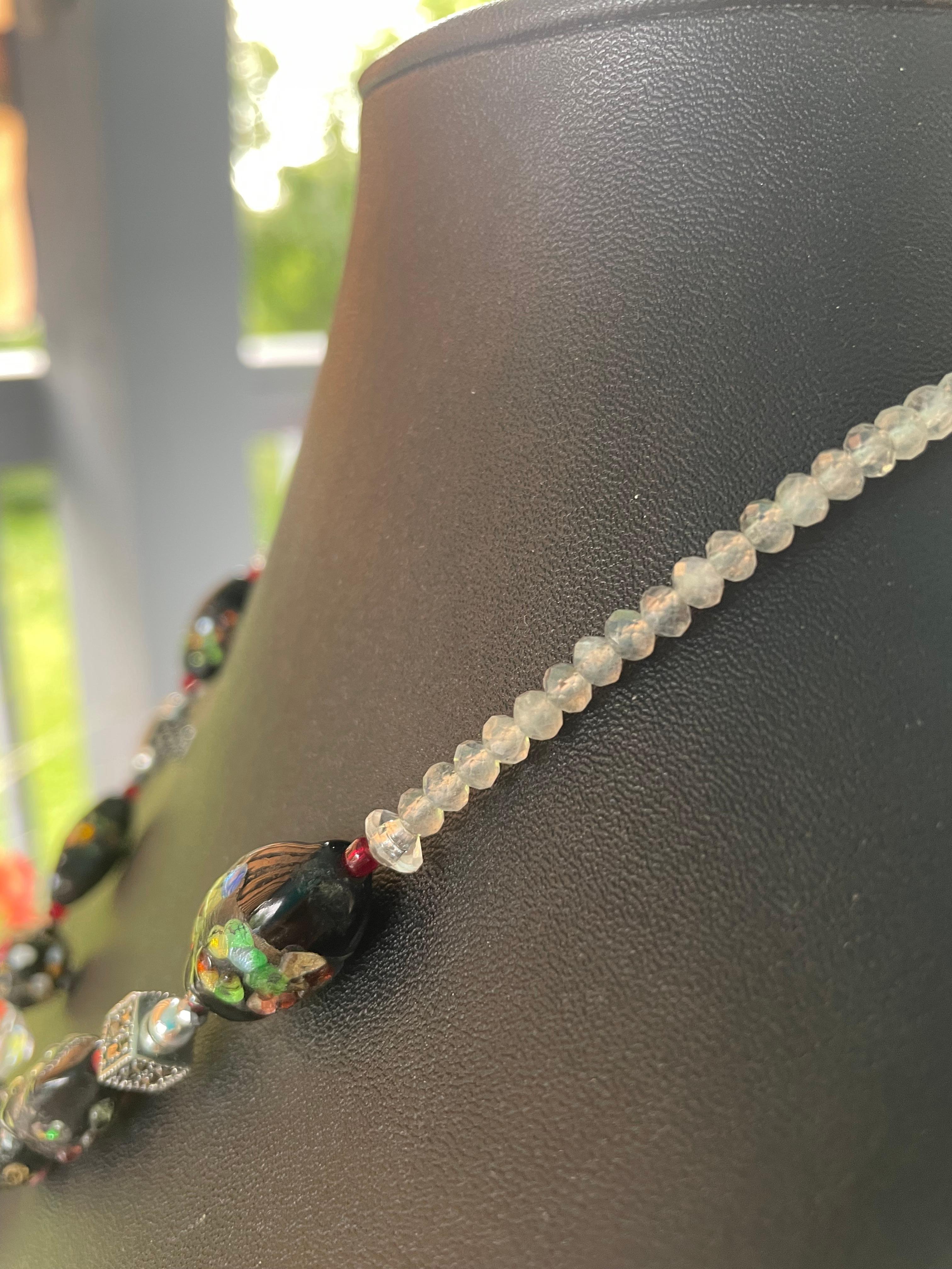 LB offre Vintage Deco SS Onyx Pendentif Verre vénitien Labradorite Collier SS Unisexe en vente