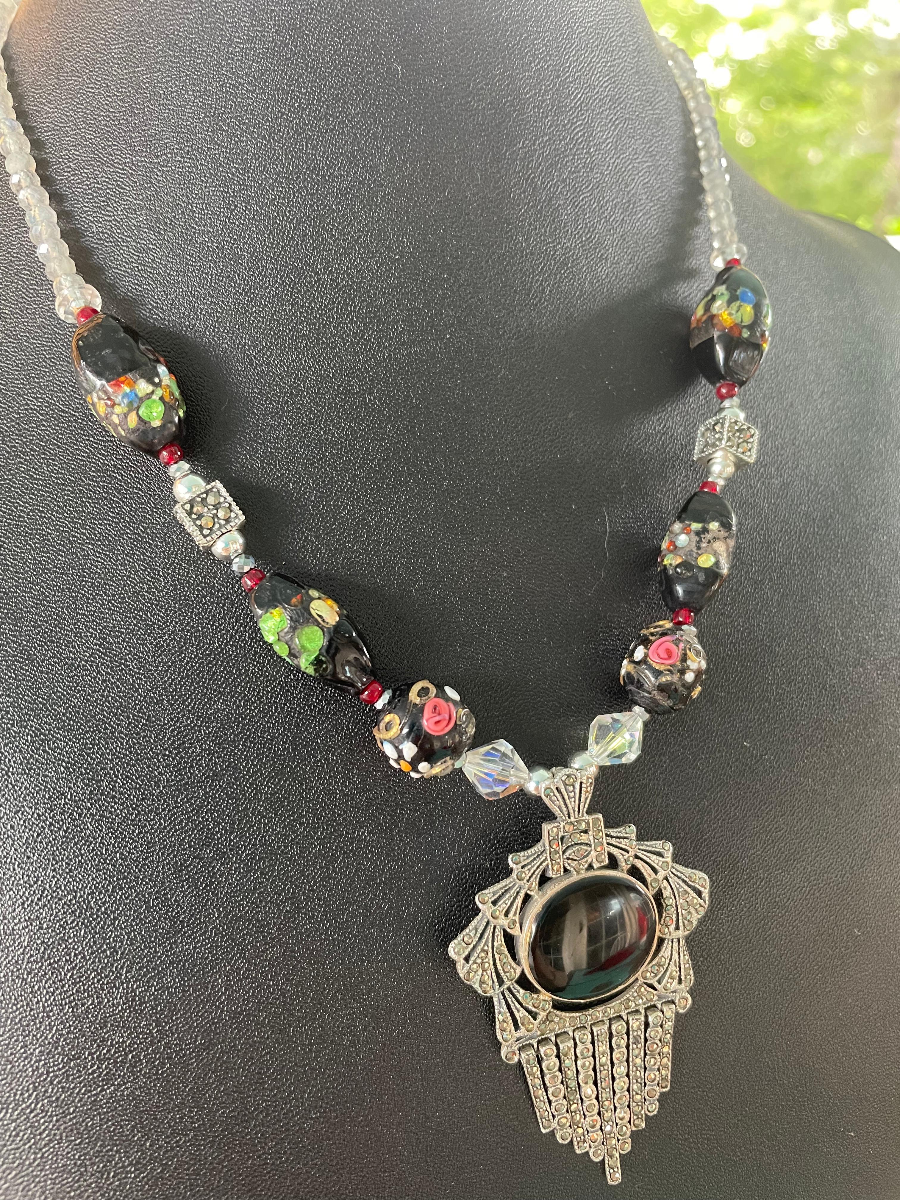 LB offre Vintage Deco SS Onyx Pendentif Verre vénitien Labradorite Collier SS en vente 1