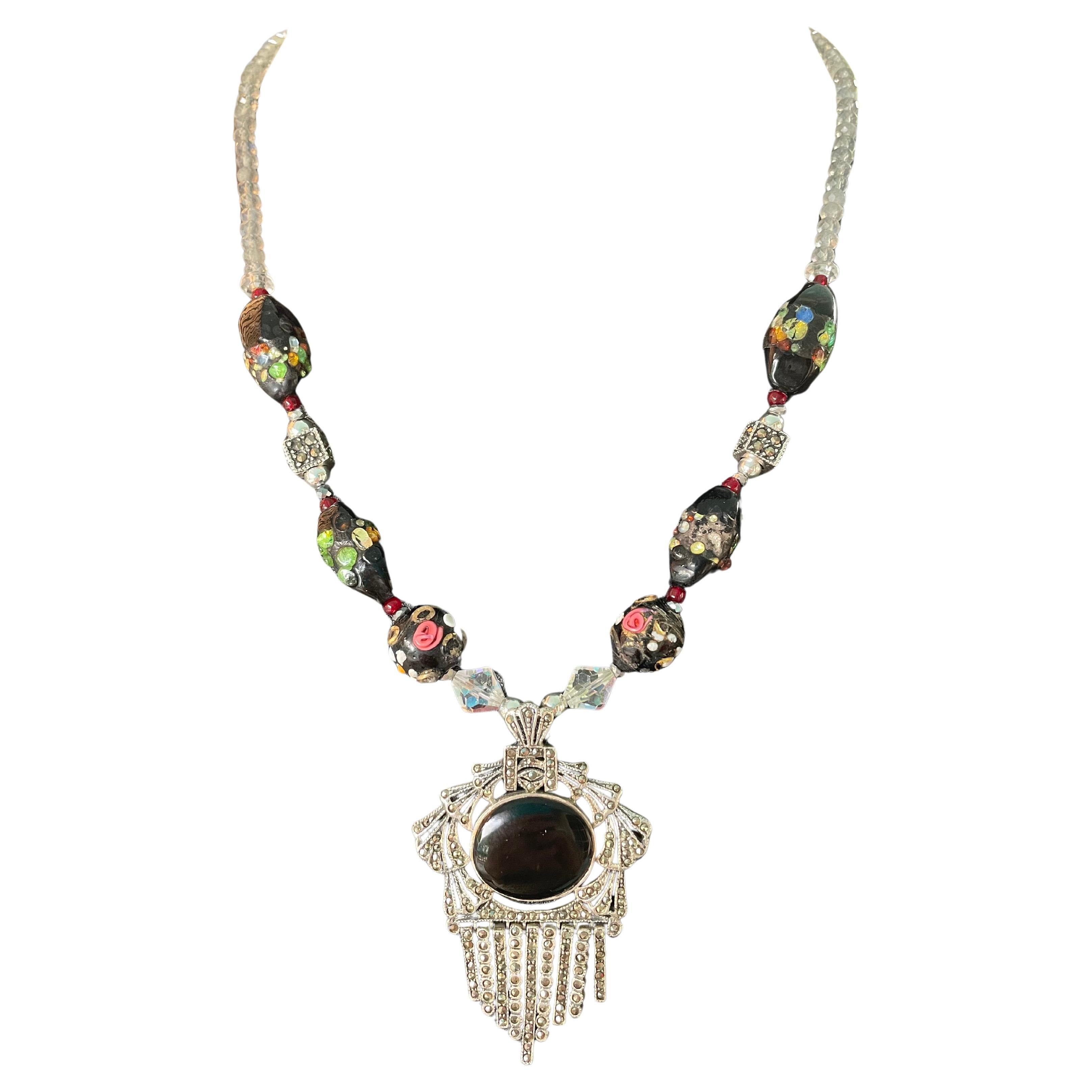 LB offre Vintage Deco SS Onyx Pendentif Verre vénitien Labradorite Collier SS en vente