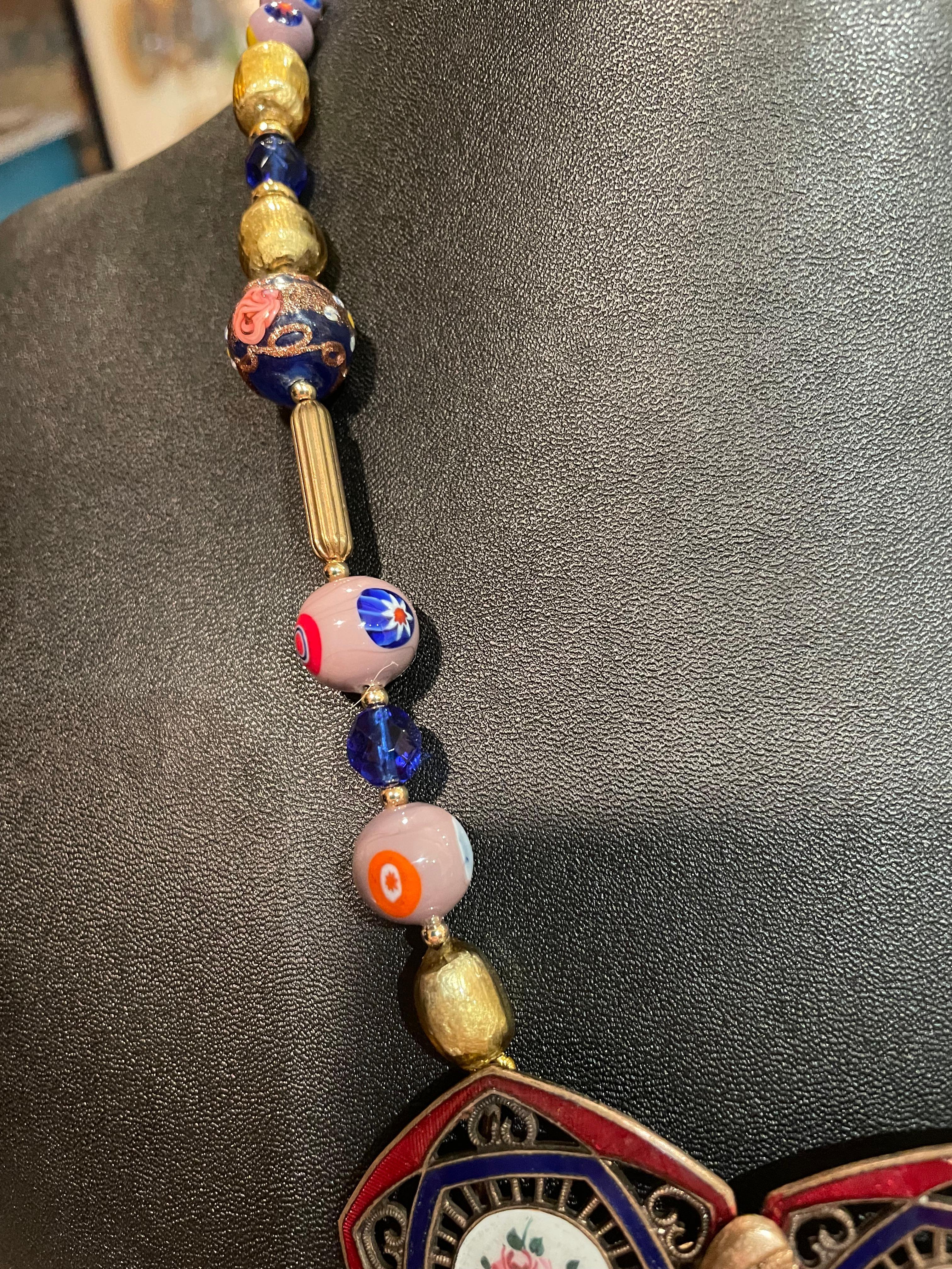 LB offers Vintage French Enamel Buckle Venetian Glass Gold Glass Brass Necklace In Good Condition For Sale In Pittsburgh, PA