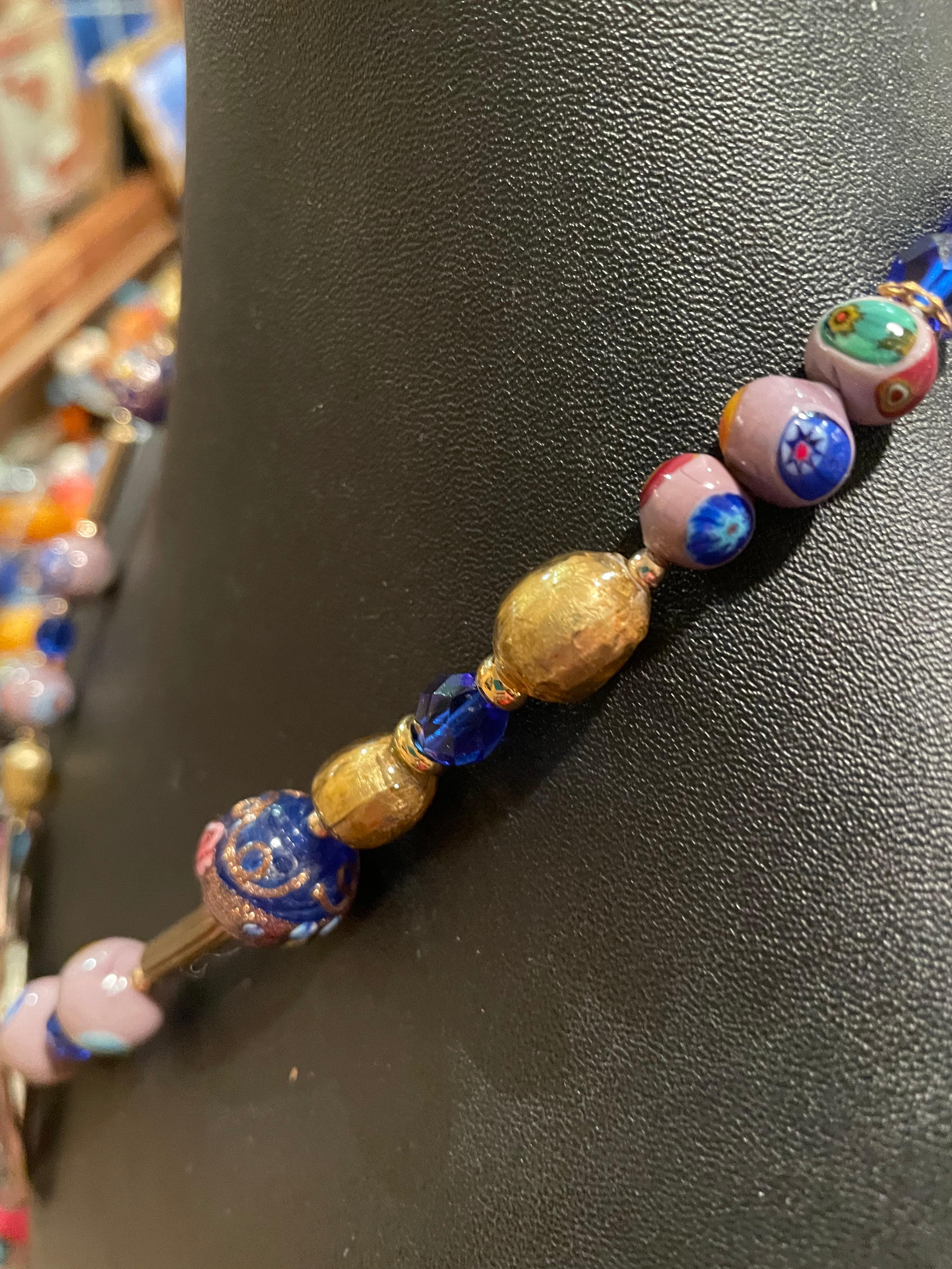 LB offers Vintage French Enamel Buckle Venetian Glass Gold Glass Brass Necklace For Sale 2