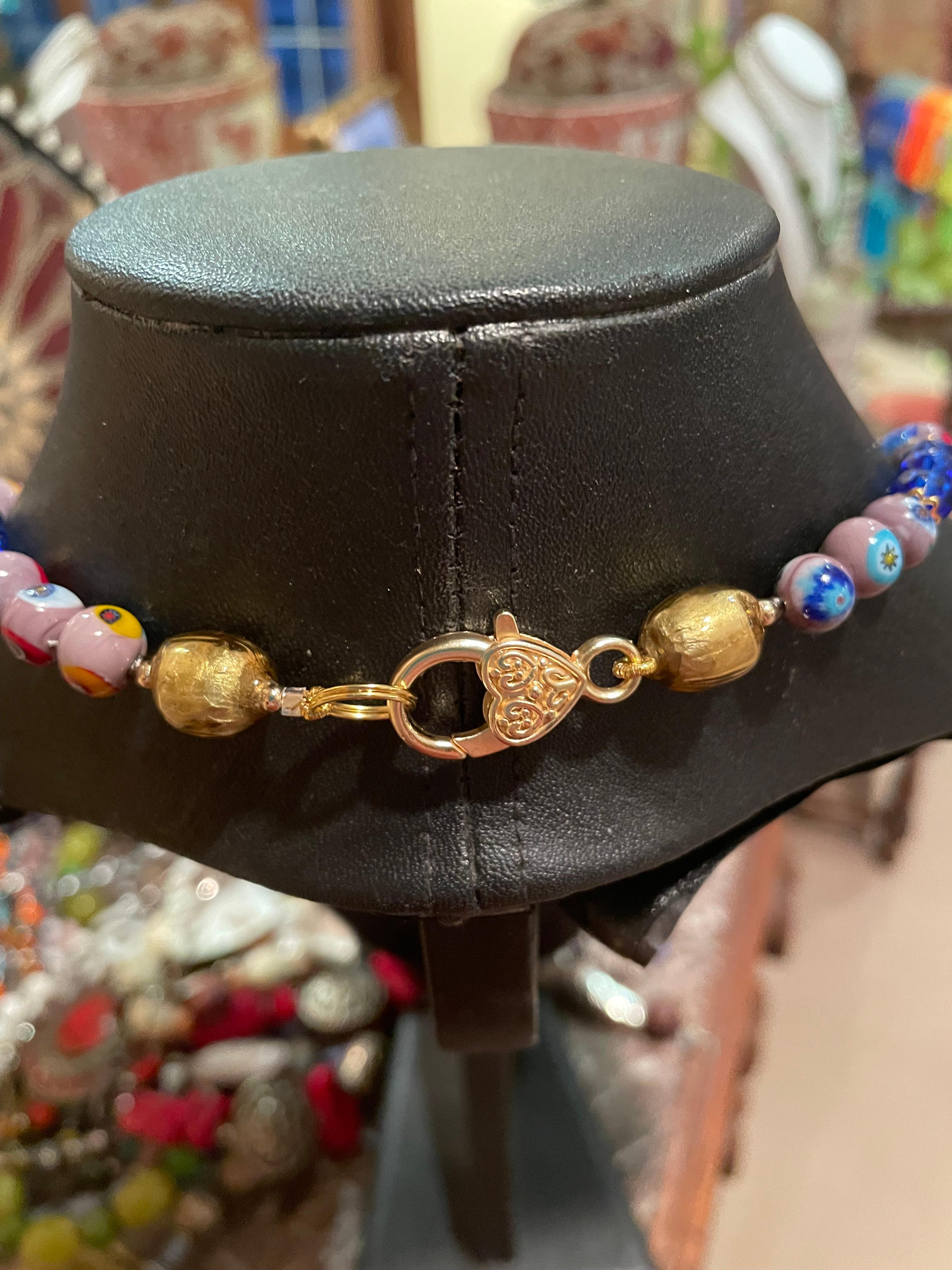 LB offers Vintage French Enamel Buckle Venetian Glass Gold Glass Brass Necklace For Sale 3