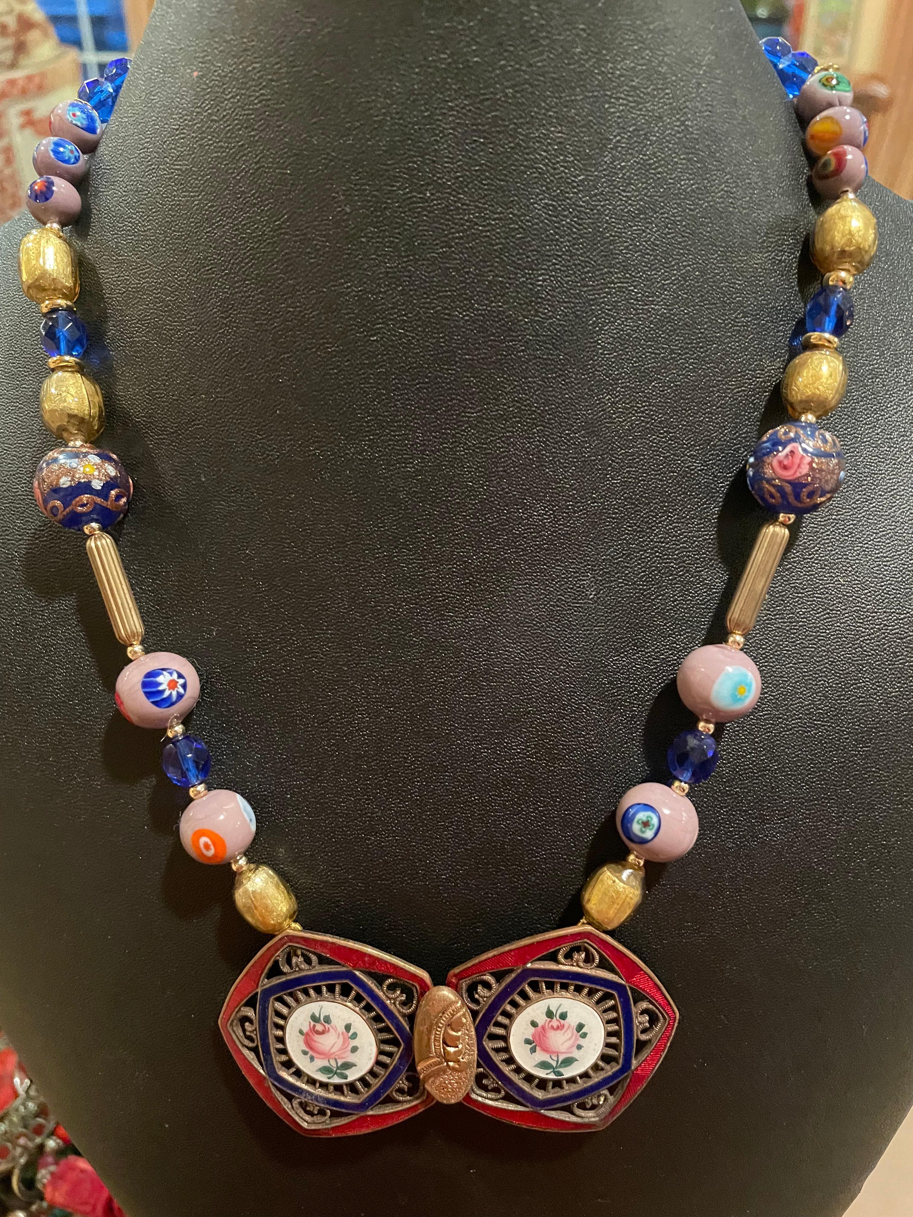 LB offers Vintage French Enamel Buckle Venetian Glass Gold Glass Brass Necklace For Sale 4