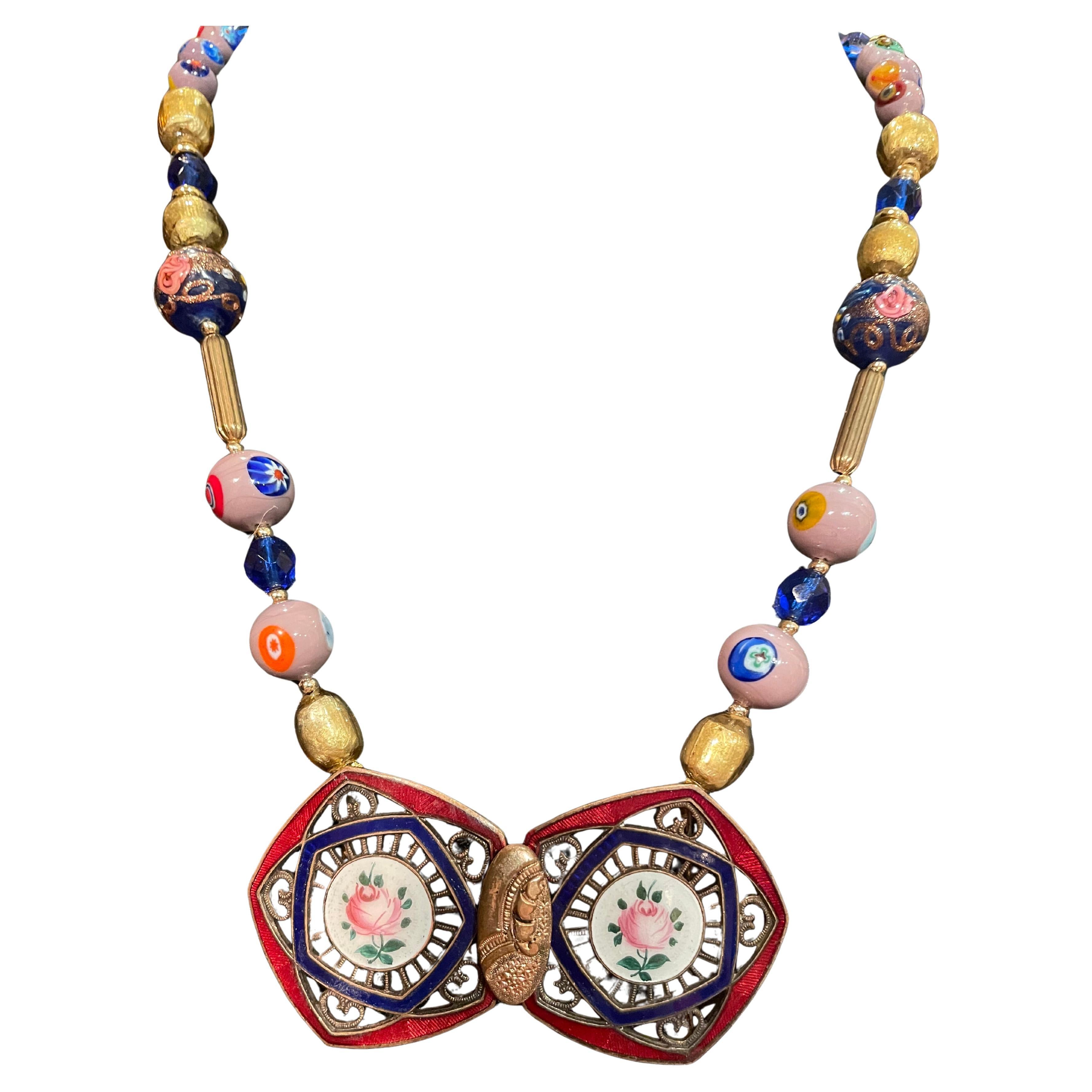 LB offers Vintage French Enamel Buckle Venetian Glass Gold Glass Brass Necklace For Sale
