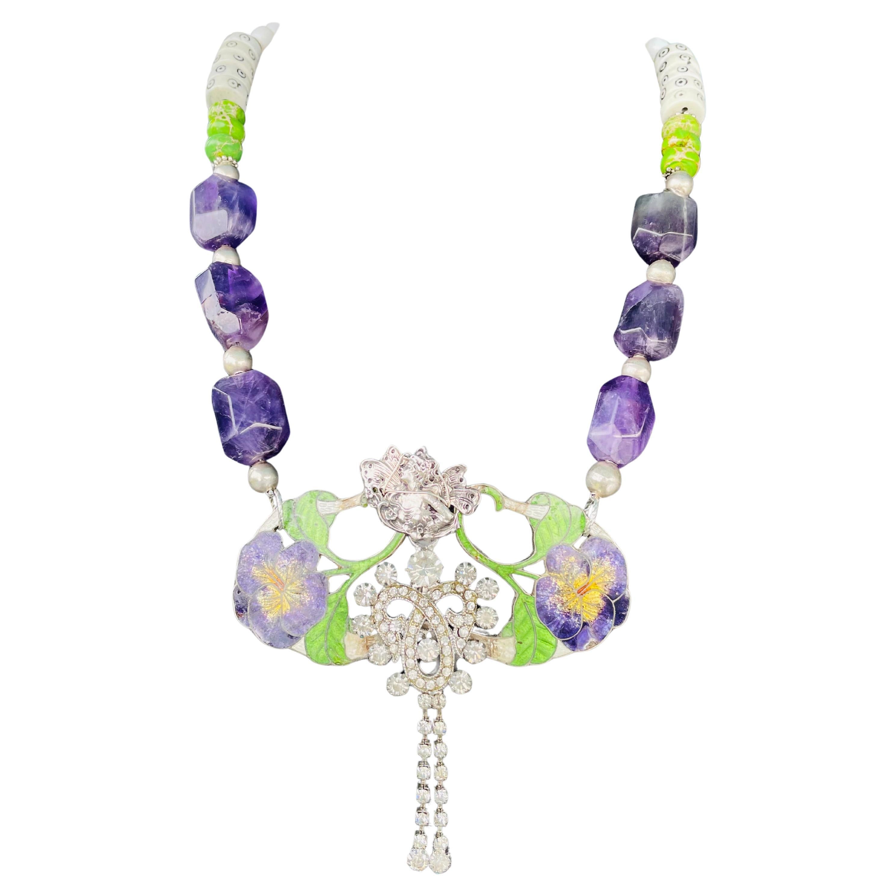LB offers Vintage French SS Enamel Buckle Amethyst Turquoise Bone Glass Necklace