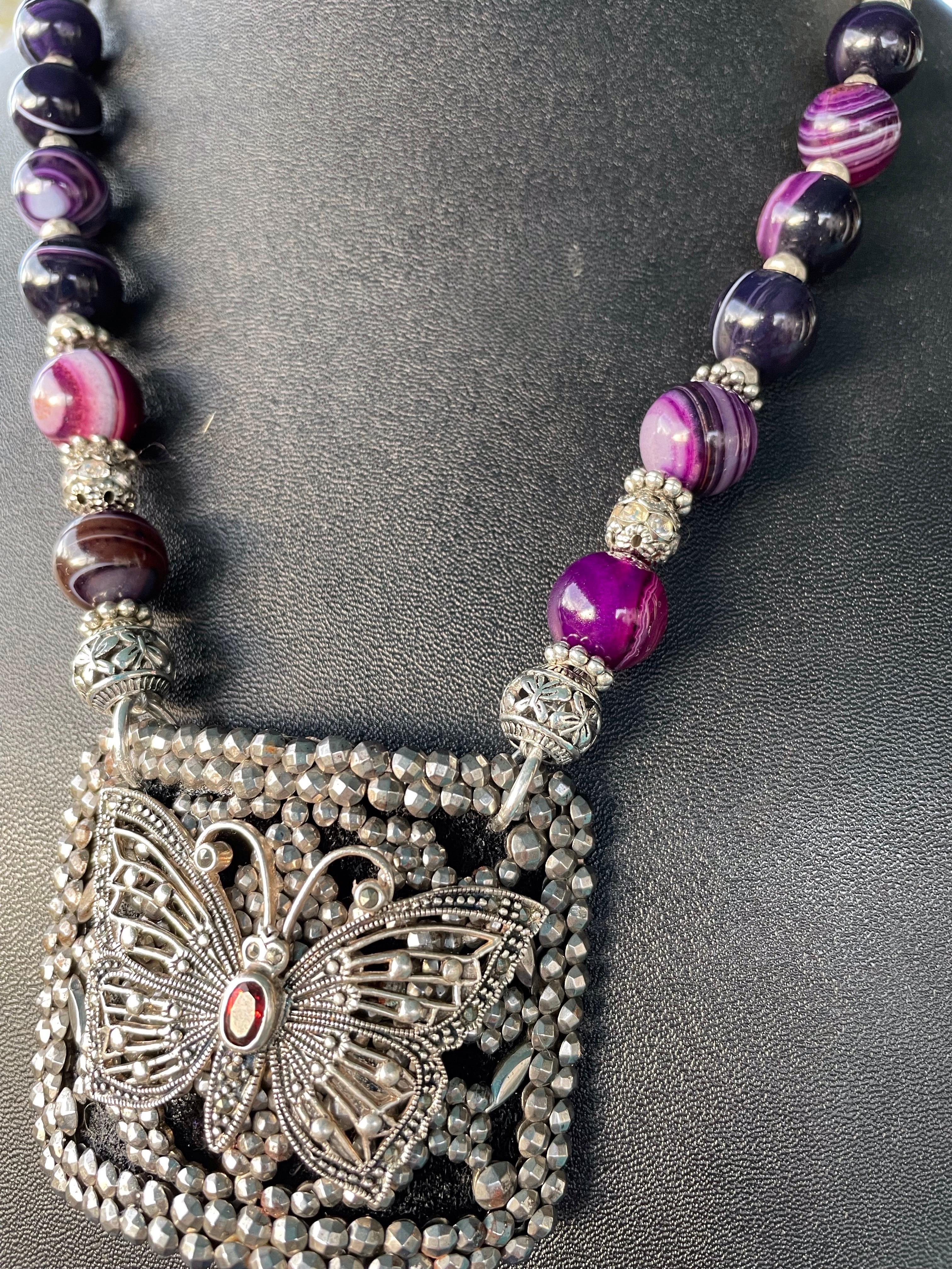 Art Deco LB offers Vintage French Steel Buckle Sterling Butterfly Amethyst Glass Necklace For Sale