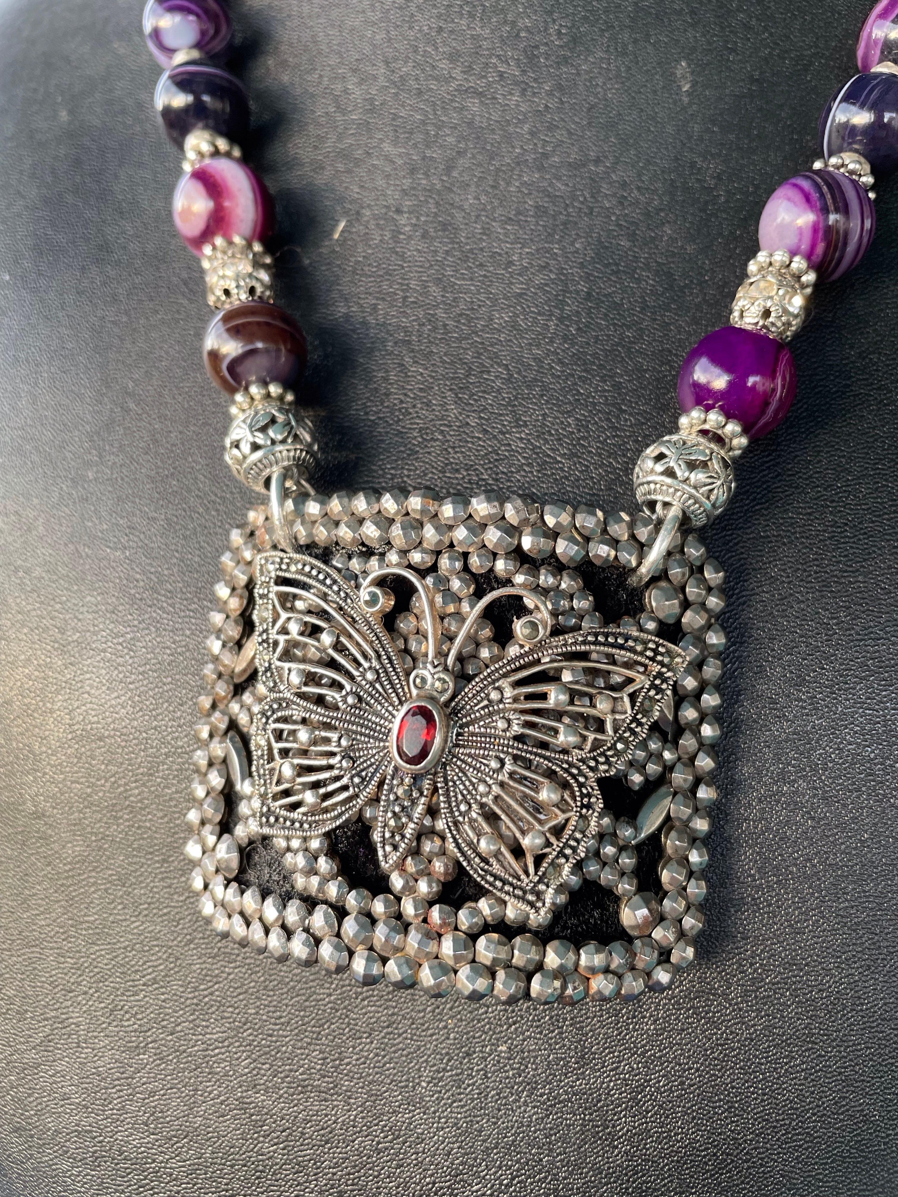 Bead LB offers Vintage French Steel Buckle Sterling Butterfly Amethyst Glass Necklace For Sale