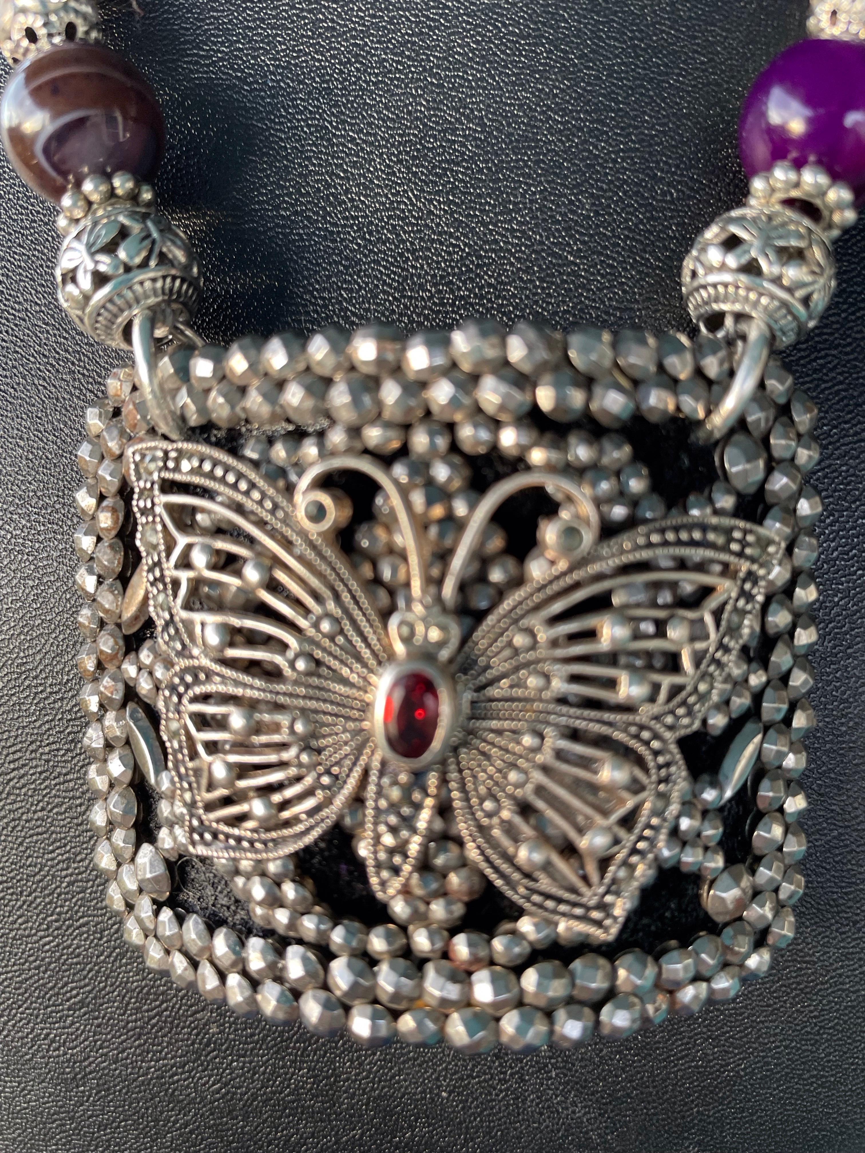 LB offers Vintage French Steel Buckle Sterling Butterfly Amethyst Glass Necklace In Good Condition For Sale In Pittsburgh, PA