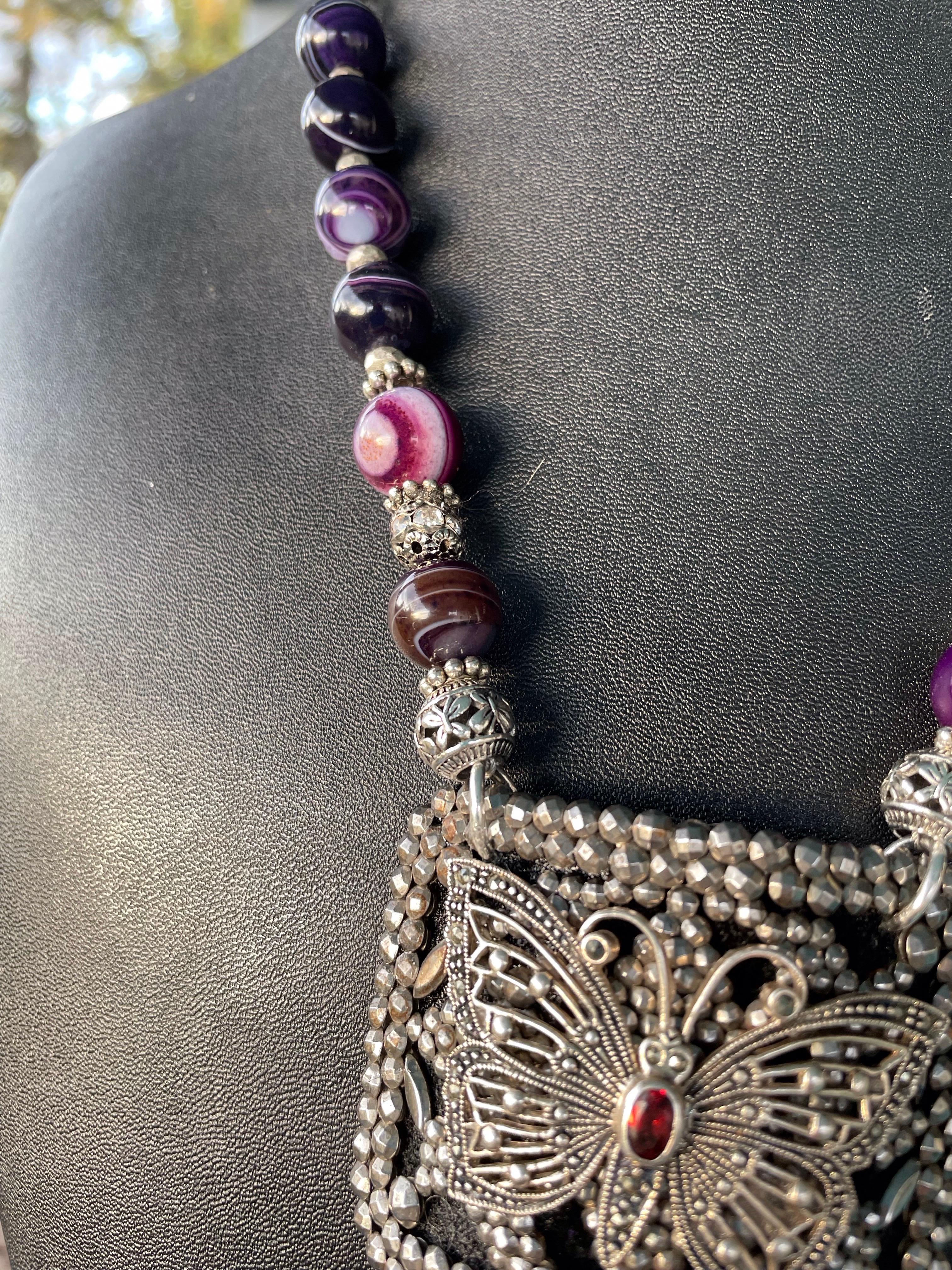 Women's or Men's LB offers Vintage French Steel Buckle Sterling Butterfly Amethyst Glass Necklace For Sale