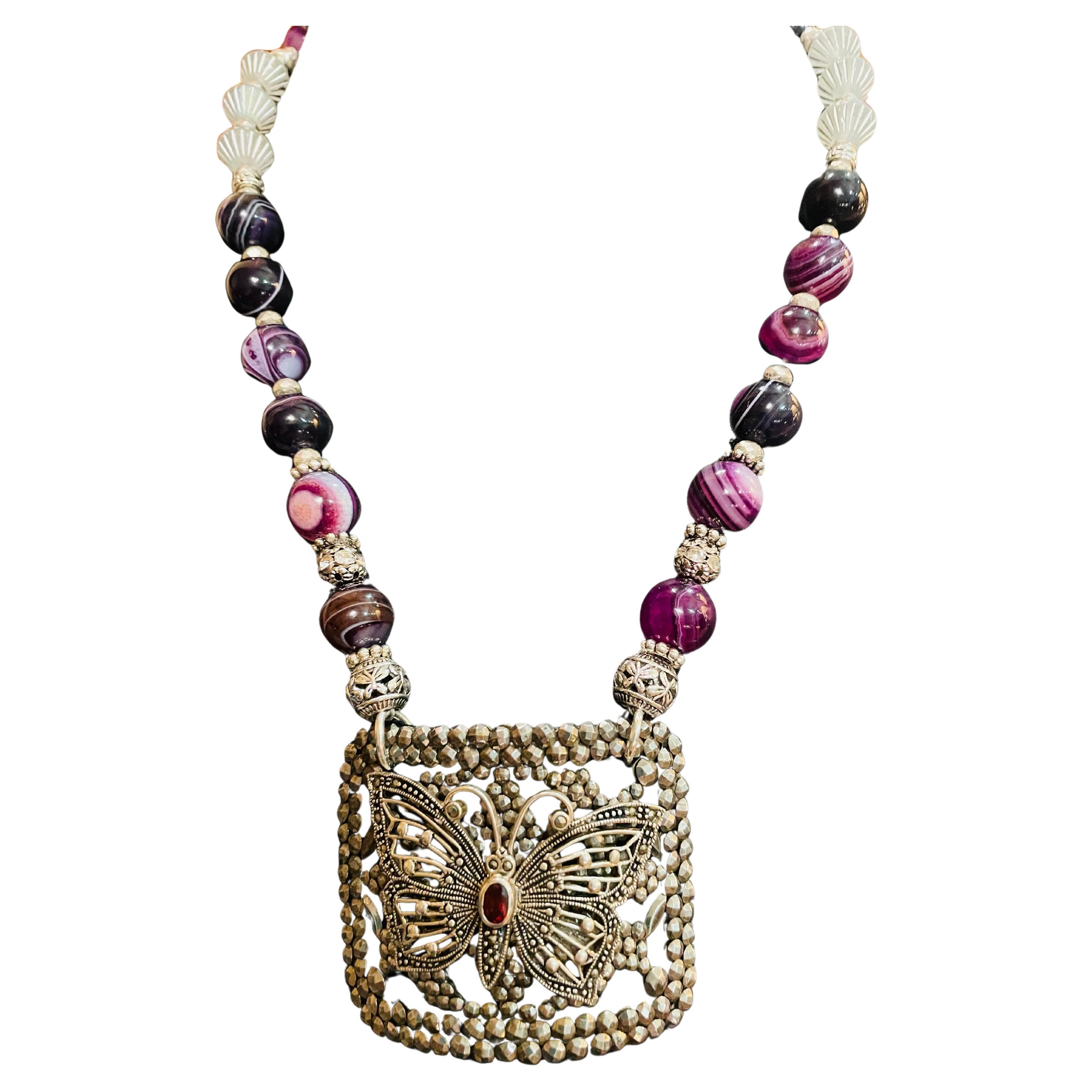 LB offers Vintage French Steel Buckle Sterling Butterfly Amethyst Glass Necklace For Sale