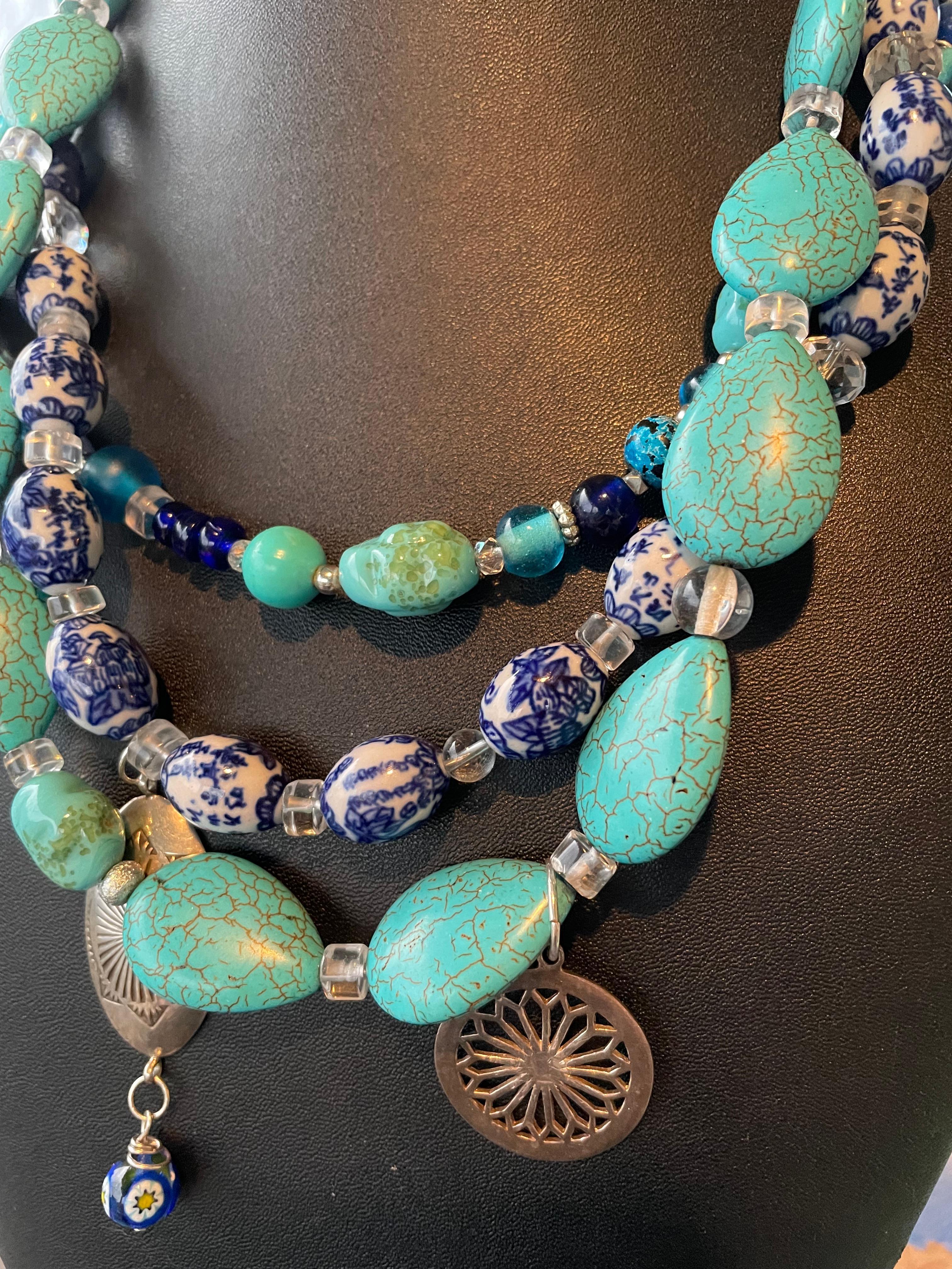 Artisan LB offers Vintage Glass Turquoise Chinese beads Crystal SS Charms Lapis Necklace