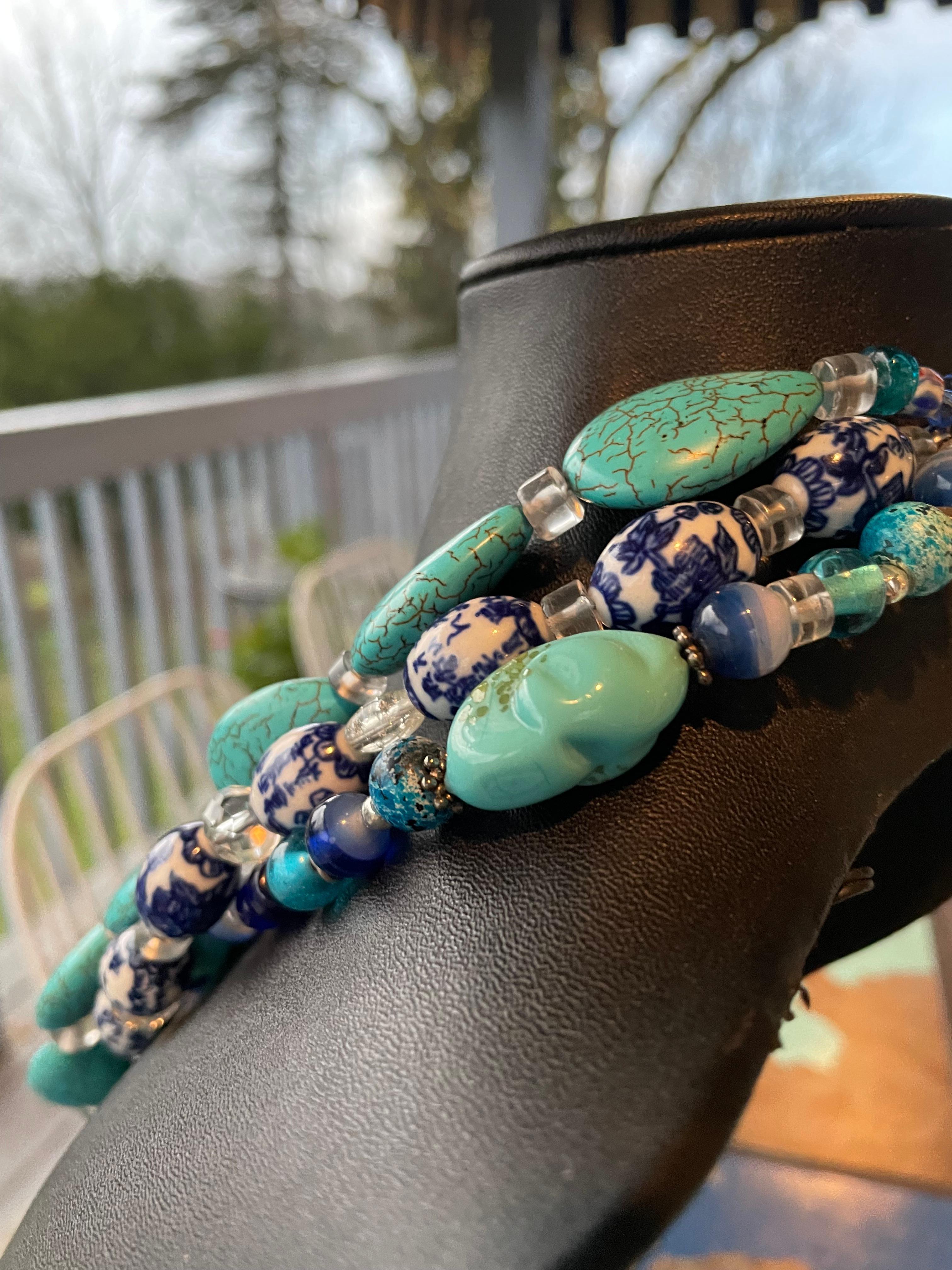 Women's or Men's LB offers Vintage Glass Turquoise Chinese beads Crystal SS Charms Lapis Necklace