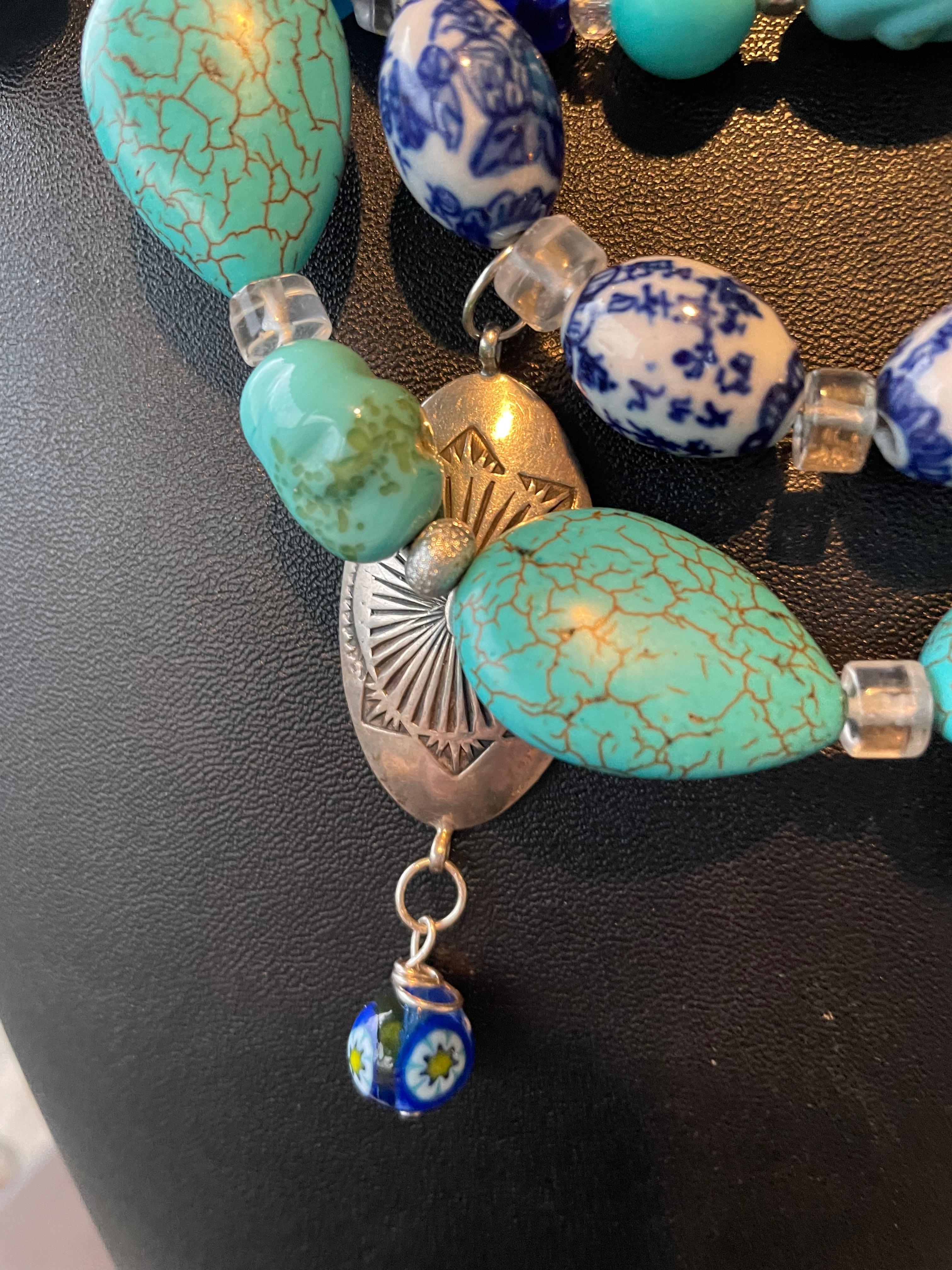 LB offers Vintage Glass Turquoise Chinese beads Crystal SS Charms Lapis Necklace 1