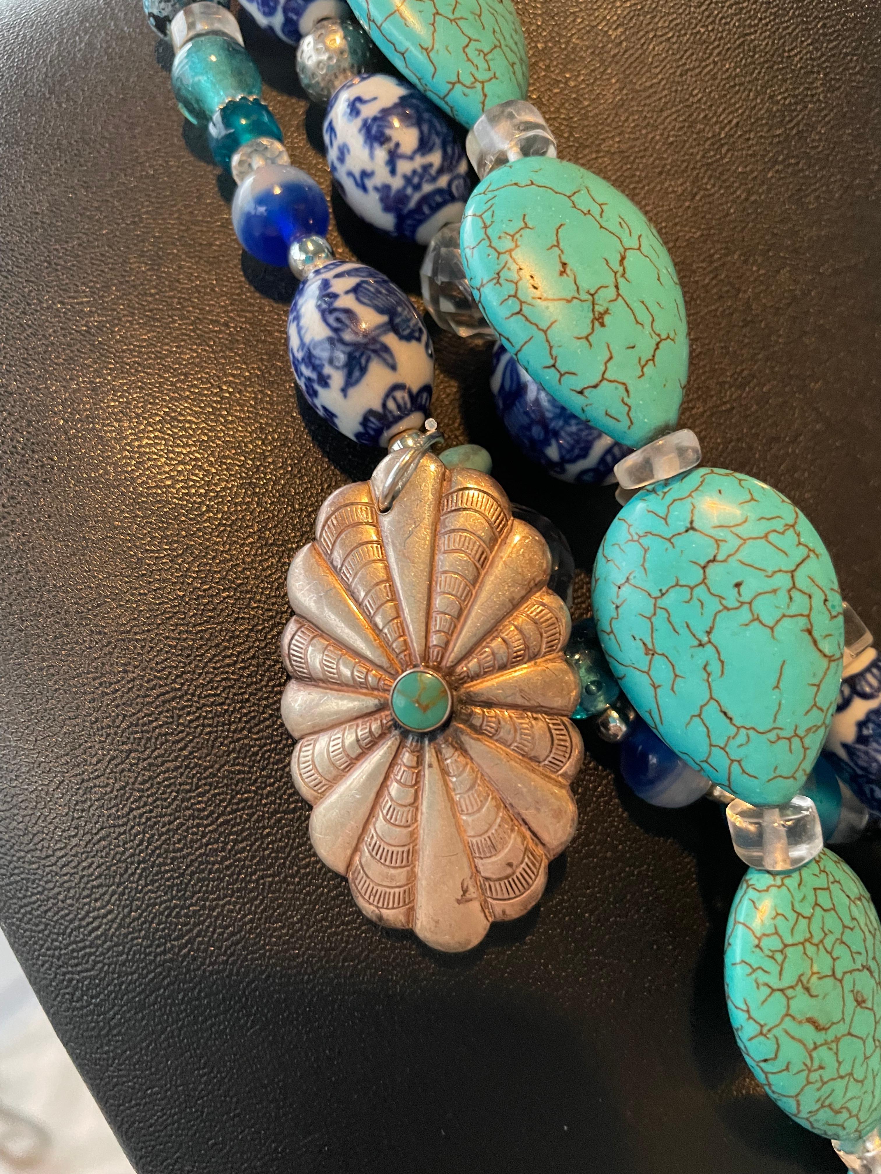 LB offers Vintage Glass Turquoise Chinese beads Crystal SS Charms Lapis Necklace 2