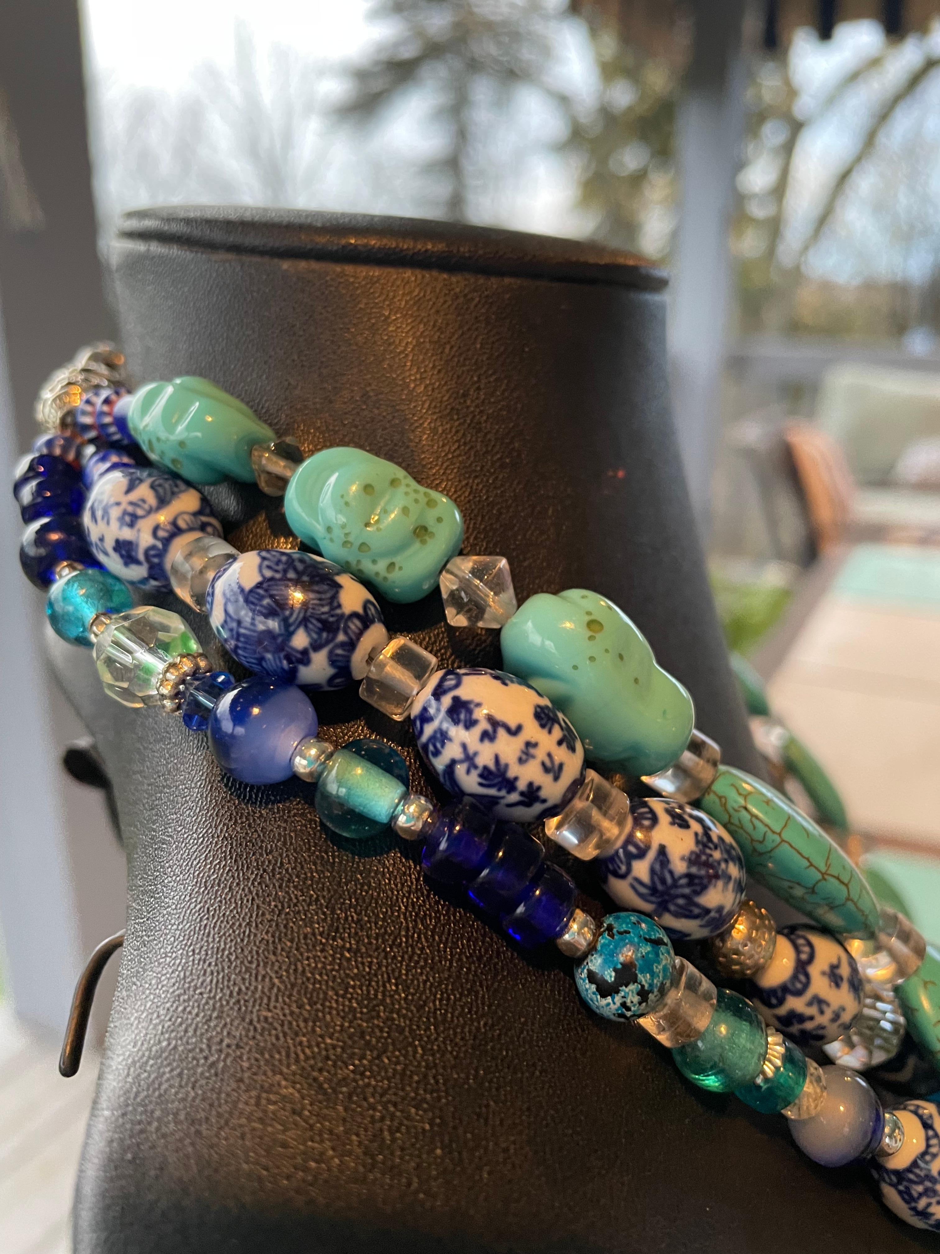 LB offers Vintage Glass Turquoise Chinese beads Crystal SS Charms Lapis Necklace 3