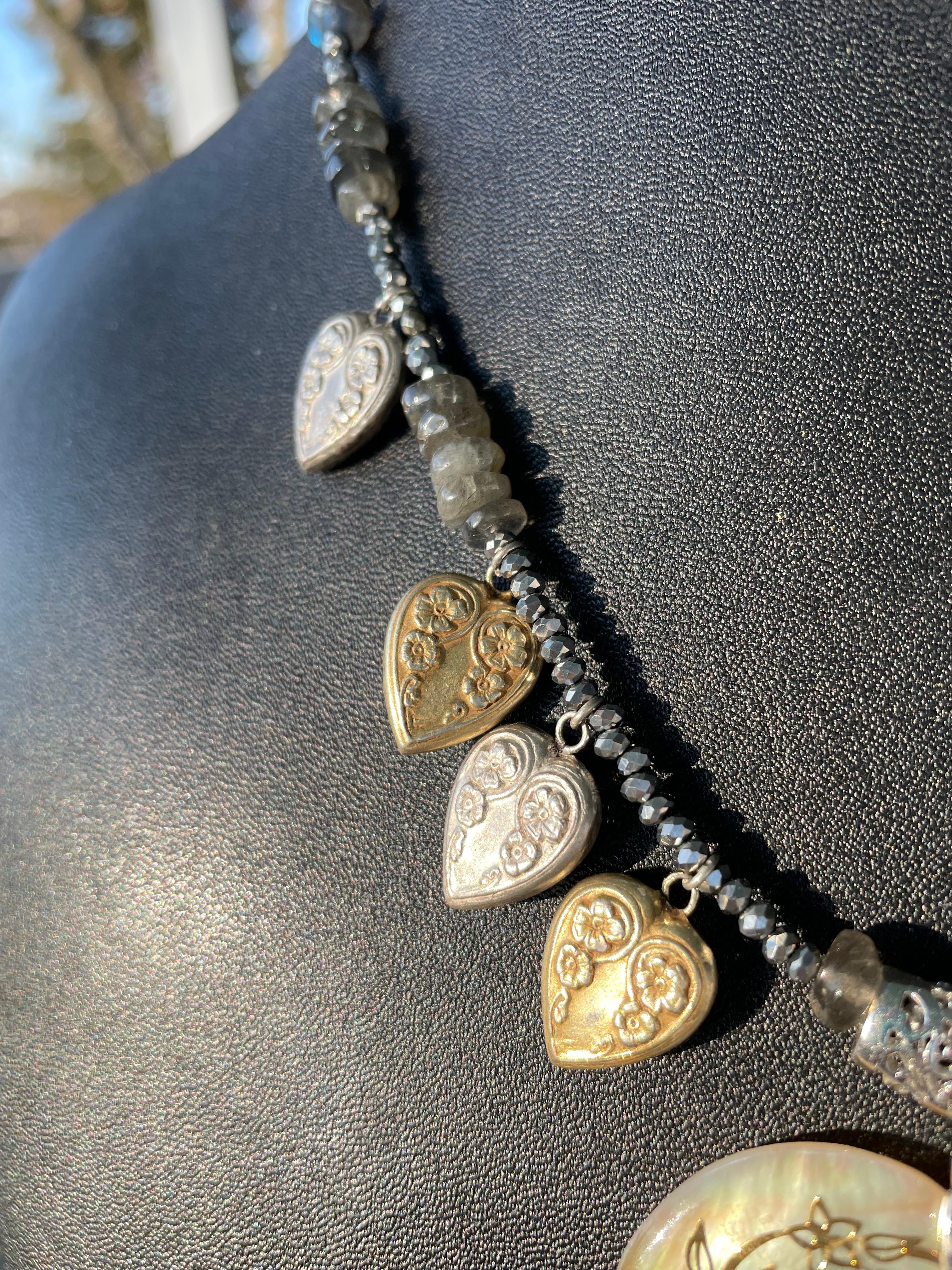 Aesthetic Movement LB offers Vintage inlaid Shell pendant Vintage Sterling Mexican hearts necklace For Sale