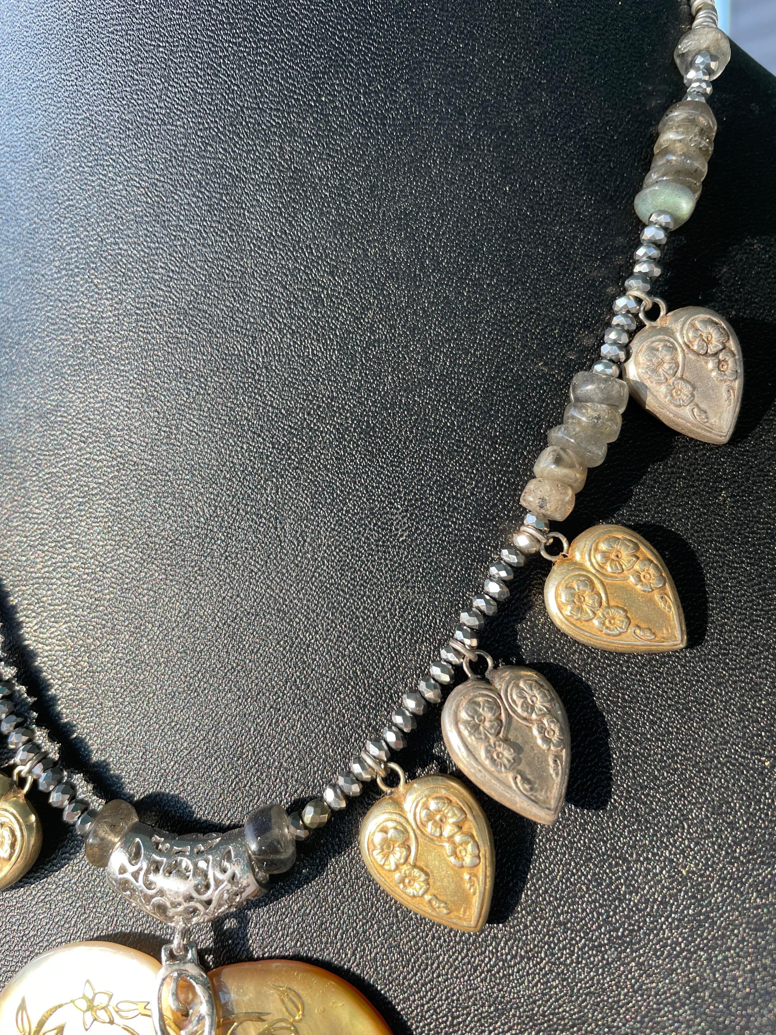 Bead LB offers Vintage inlaid Shell pendant Vintage Sterling Mexican hearts necklace For Sale