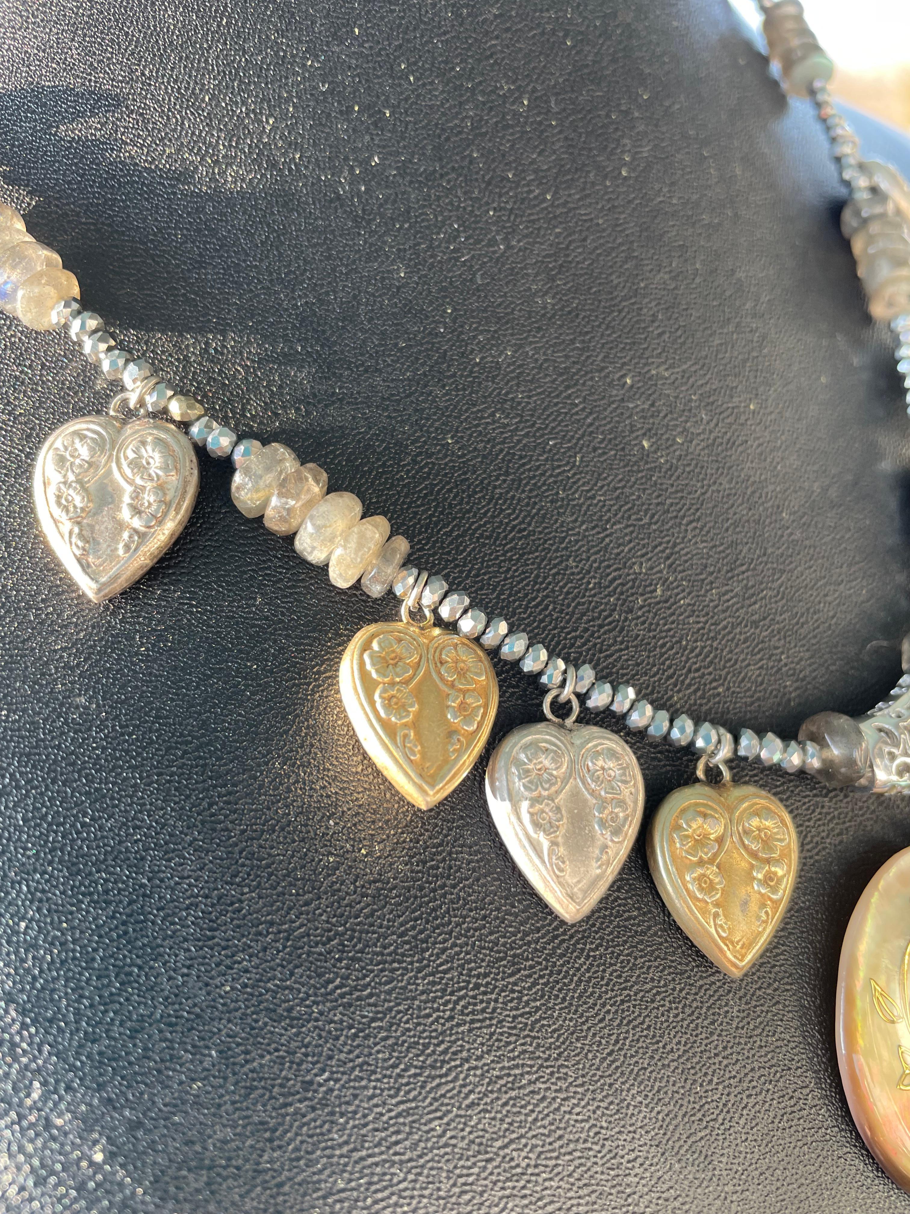 Women's LB offers Vintage inlaid Shell pendant Vintage Sterling Mexican hearts necklace For Sale
