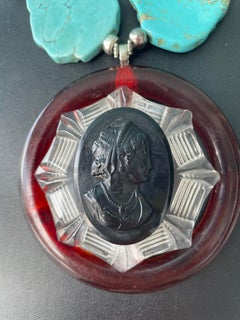 LB offers Vintage Lucite Cameo Buckle Turquoise slices carnelian SS Necklace