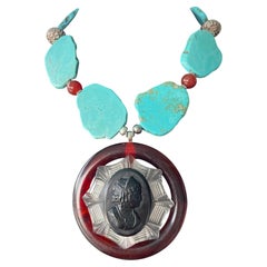 LB offers Vintage Lucite Cameo Buckle Turquoise slices carnelian SS Necklace