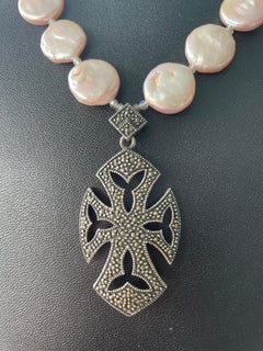 LB offers Vintage Marcasite Silver Cross pendant Coin And Peacock Pearl Necklace