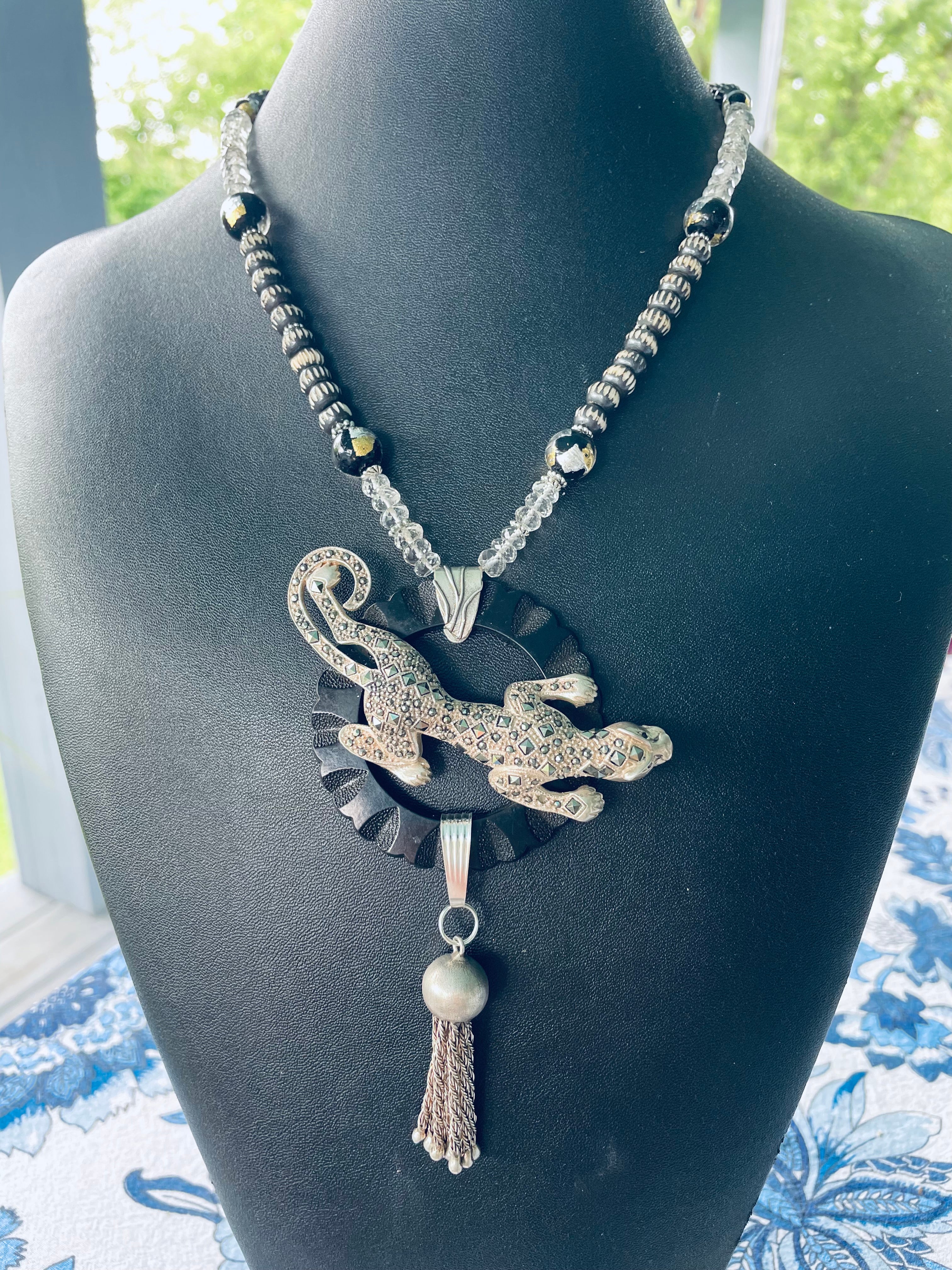 LB offers Vintage Marcasite Sterling Leopard Rock Crystal African clay Necklace