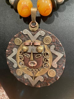 LB offers Vintage Mexican Aztec pendant Tibetan Dzi beads SS Agate Bone Necklace