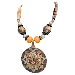LB offers Vintage Mexican Aztec pendant Tibetan Dzi beads SS Agate Bone Necklace