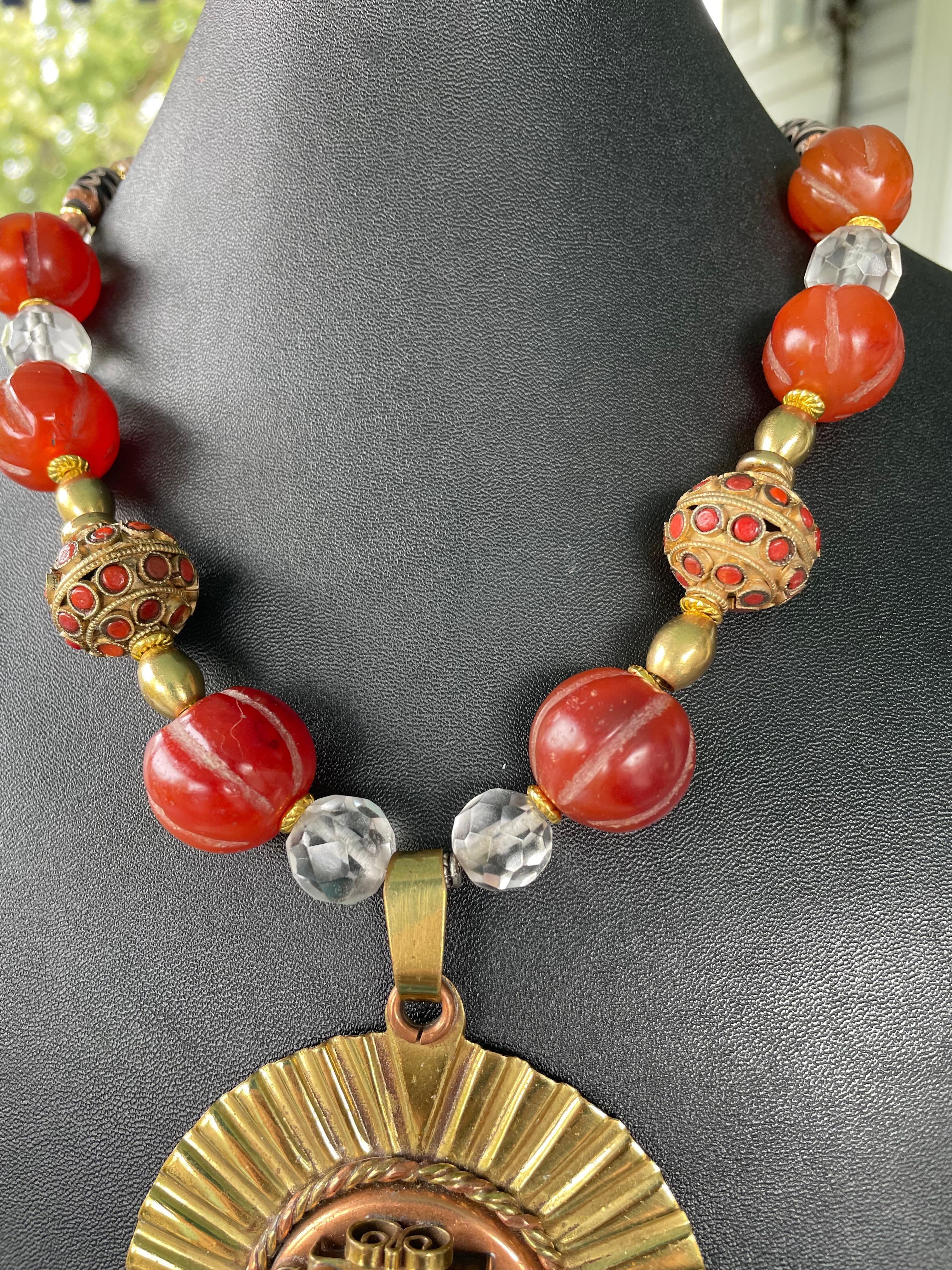 Artisan LB offers Vintage Mexican Copper Brass pendant Carnelian Venetian brass necklace For Sale