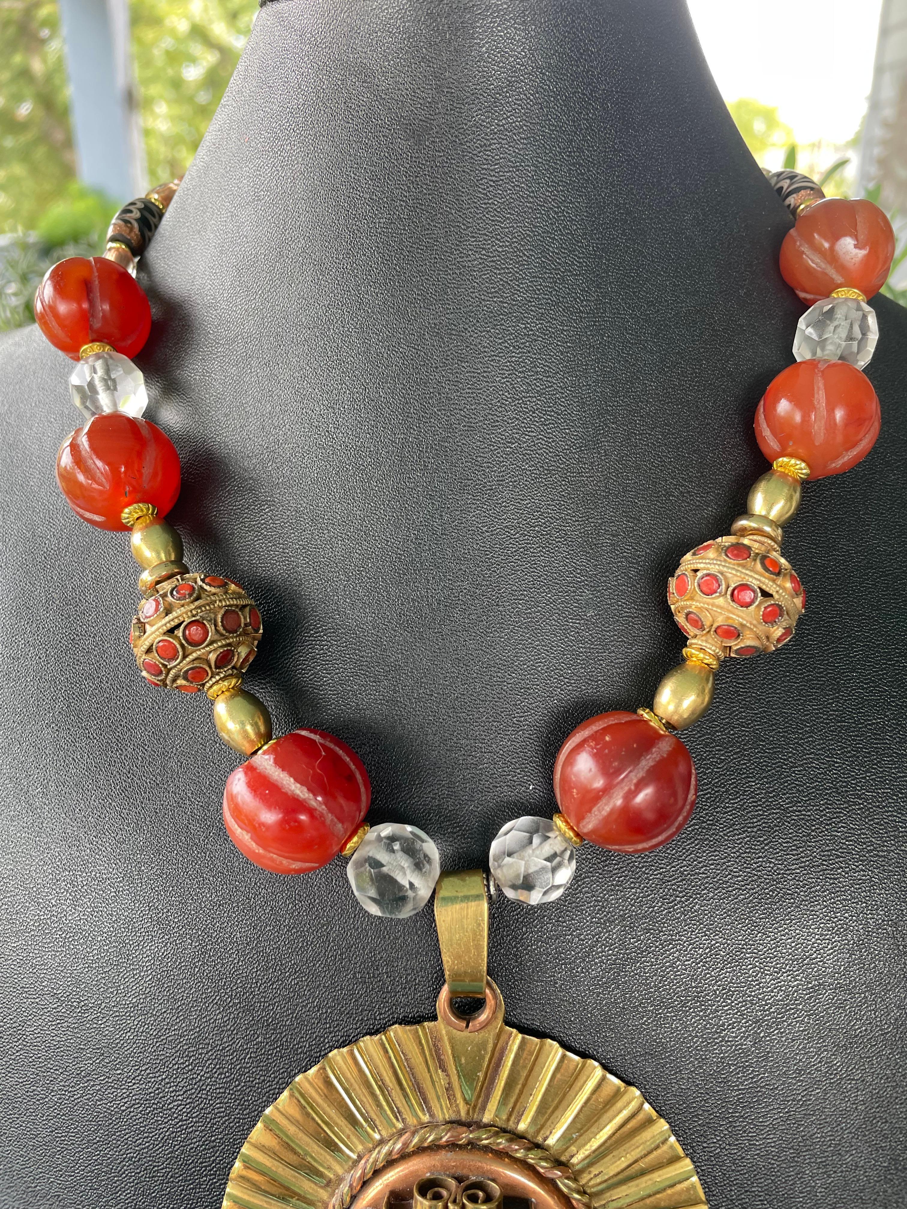 LB offers Vintage Mexican Copper Brass pendant Carnelian Venetian brass necklace For Sale 1