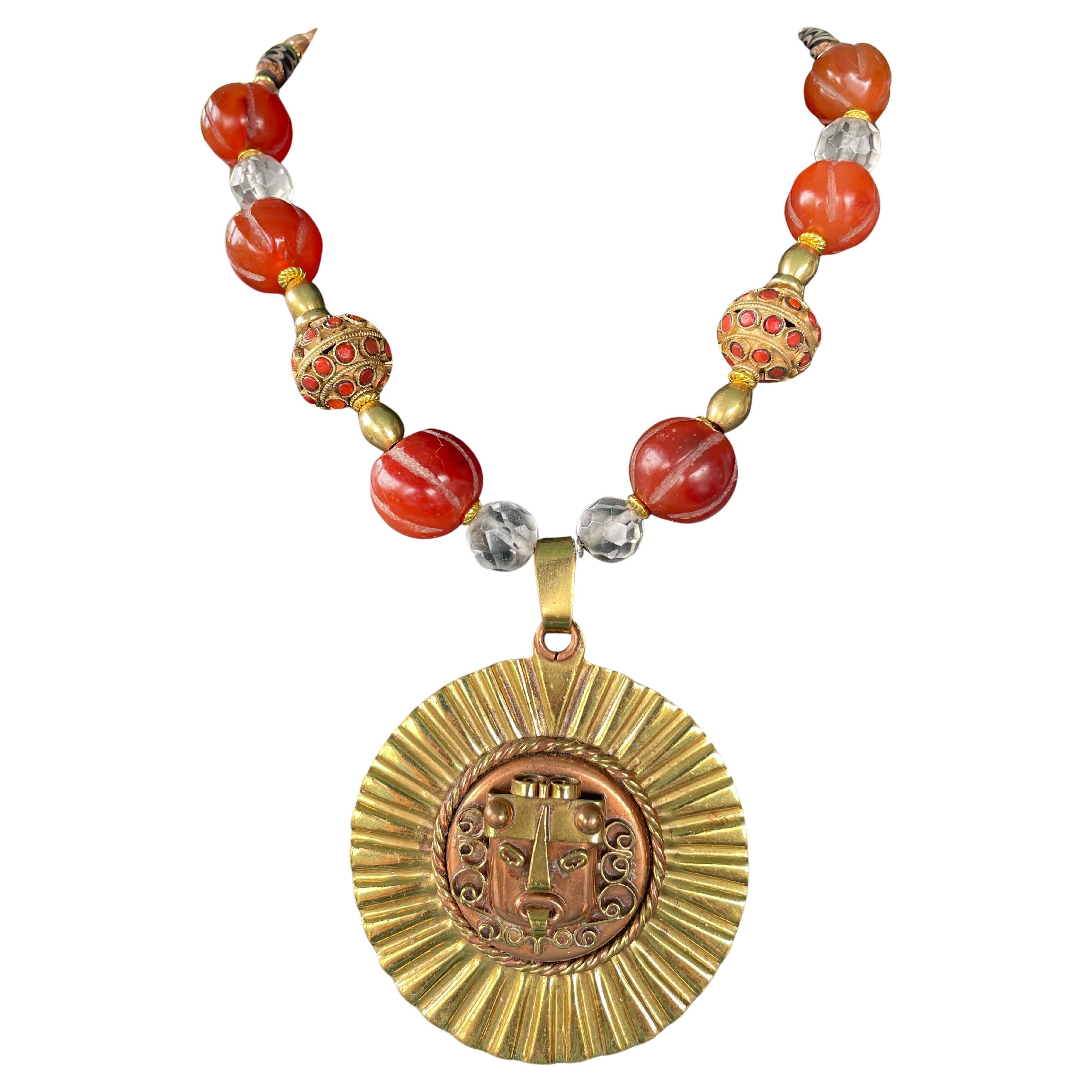 LB offers Vintage Mexican Copper Brass pendant Carnelian Venetian brass necklace