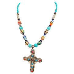 LB offers Vintage Mexican Inlaid Cross, with Turquoise, Venetian glass necklace