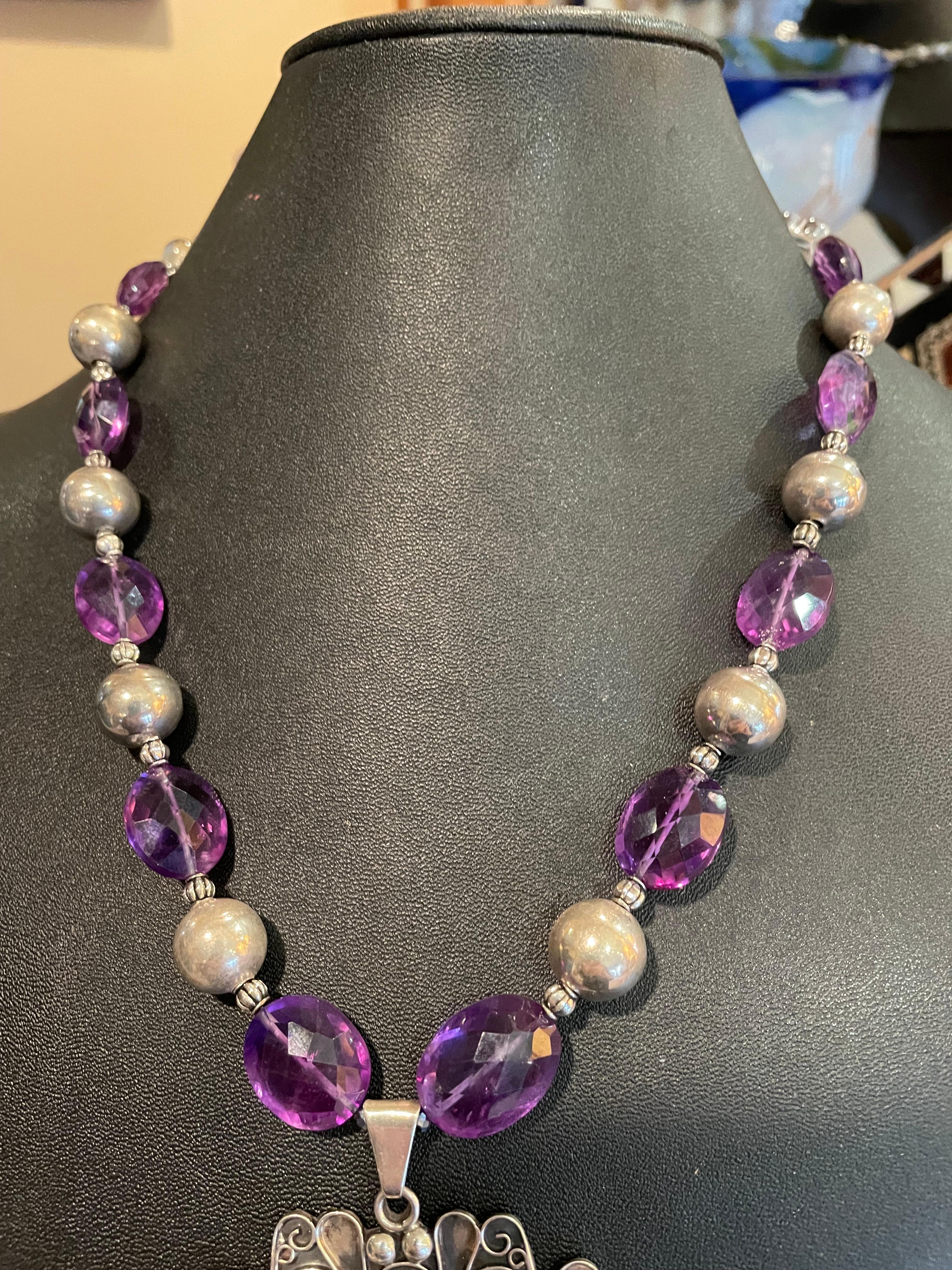 Artisan LB offers Vintage Mexican Sterling/Amethyst Aztec Pendant Sterling bead necklace For Sale