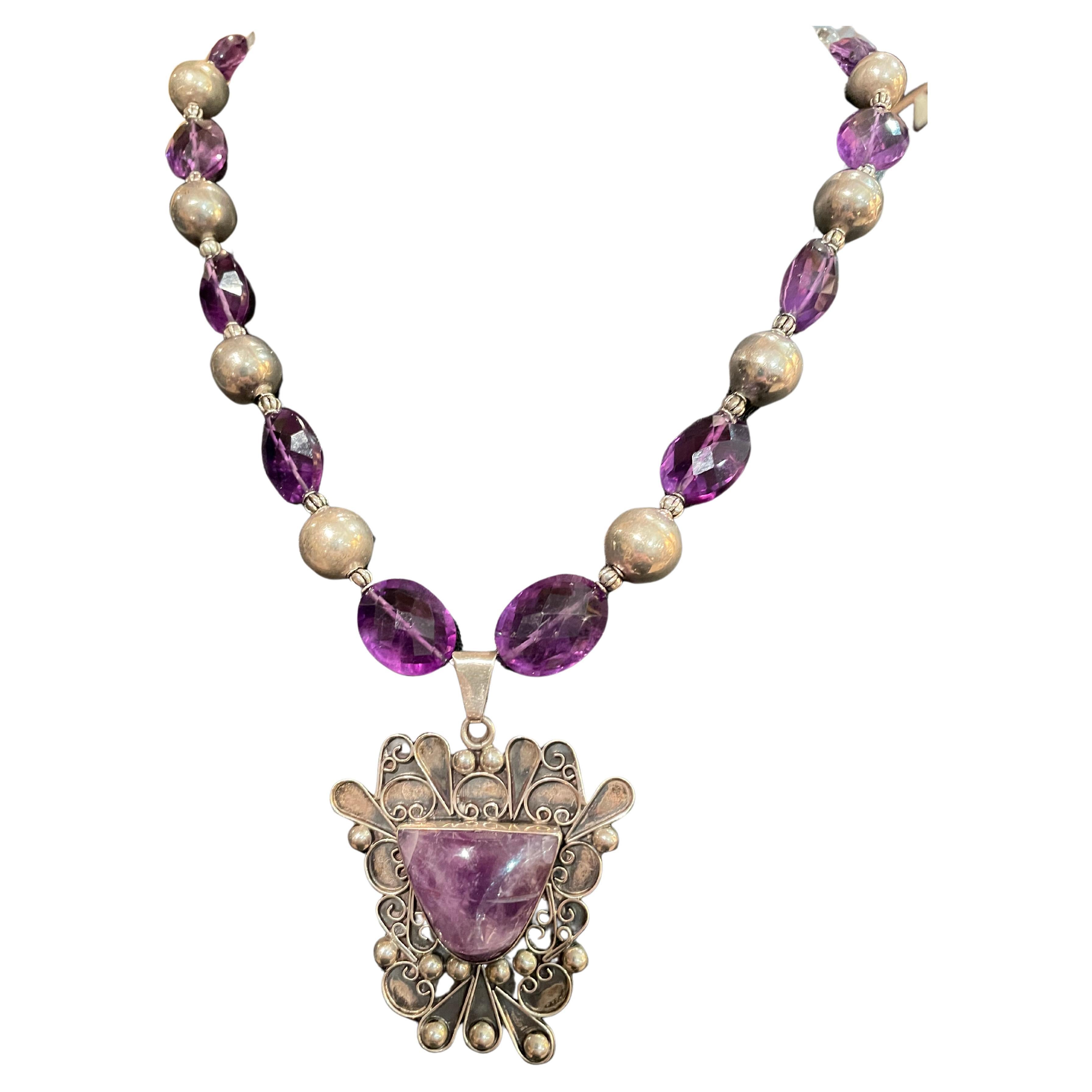 LB offers Vintage Mexican Sterling/Amethyst Aztec Pendant Sterling bead necklace For Sale