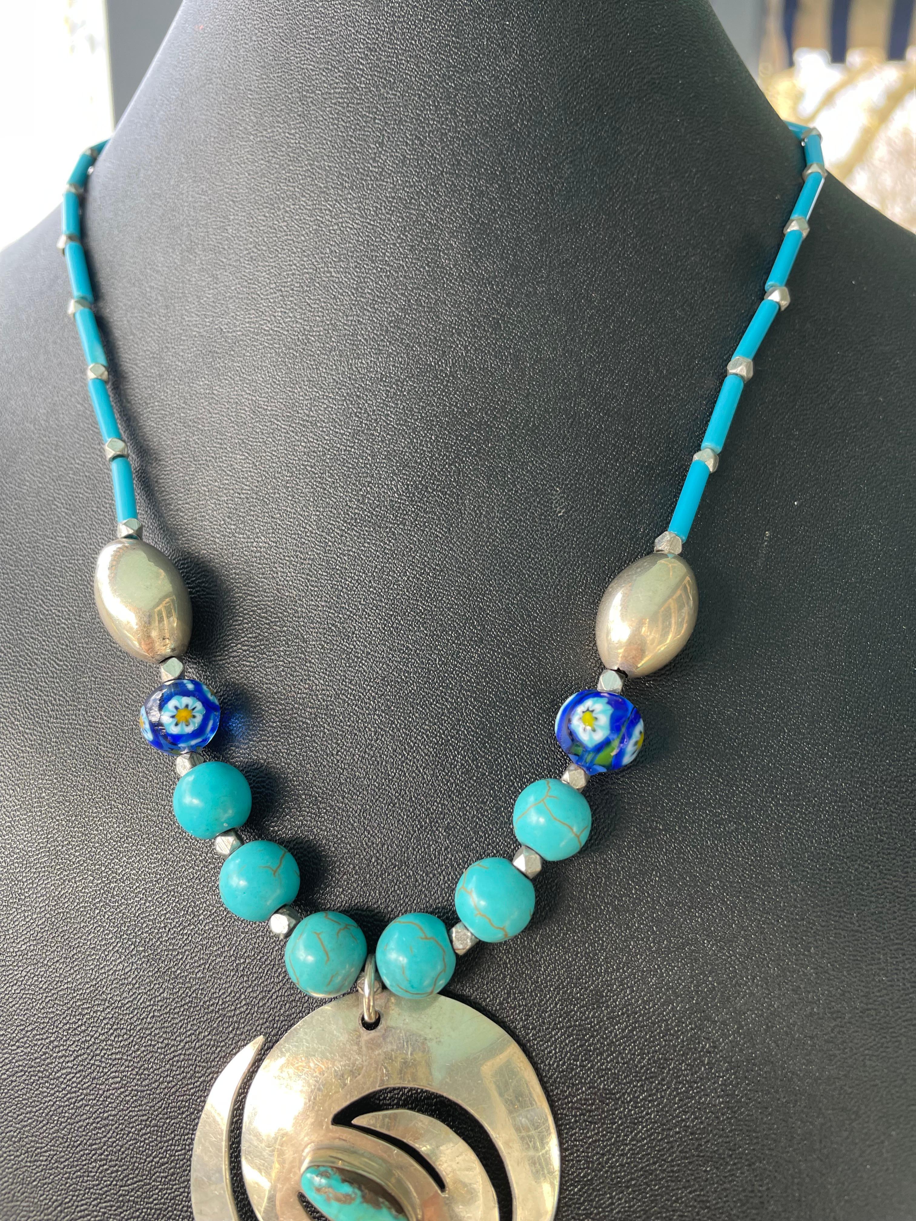 LB bietet Vintage mexikanischen Sterling Türkis Concha Stück venezianischen Halskette (Kunsthandwerker*in) im Angebot