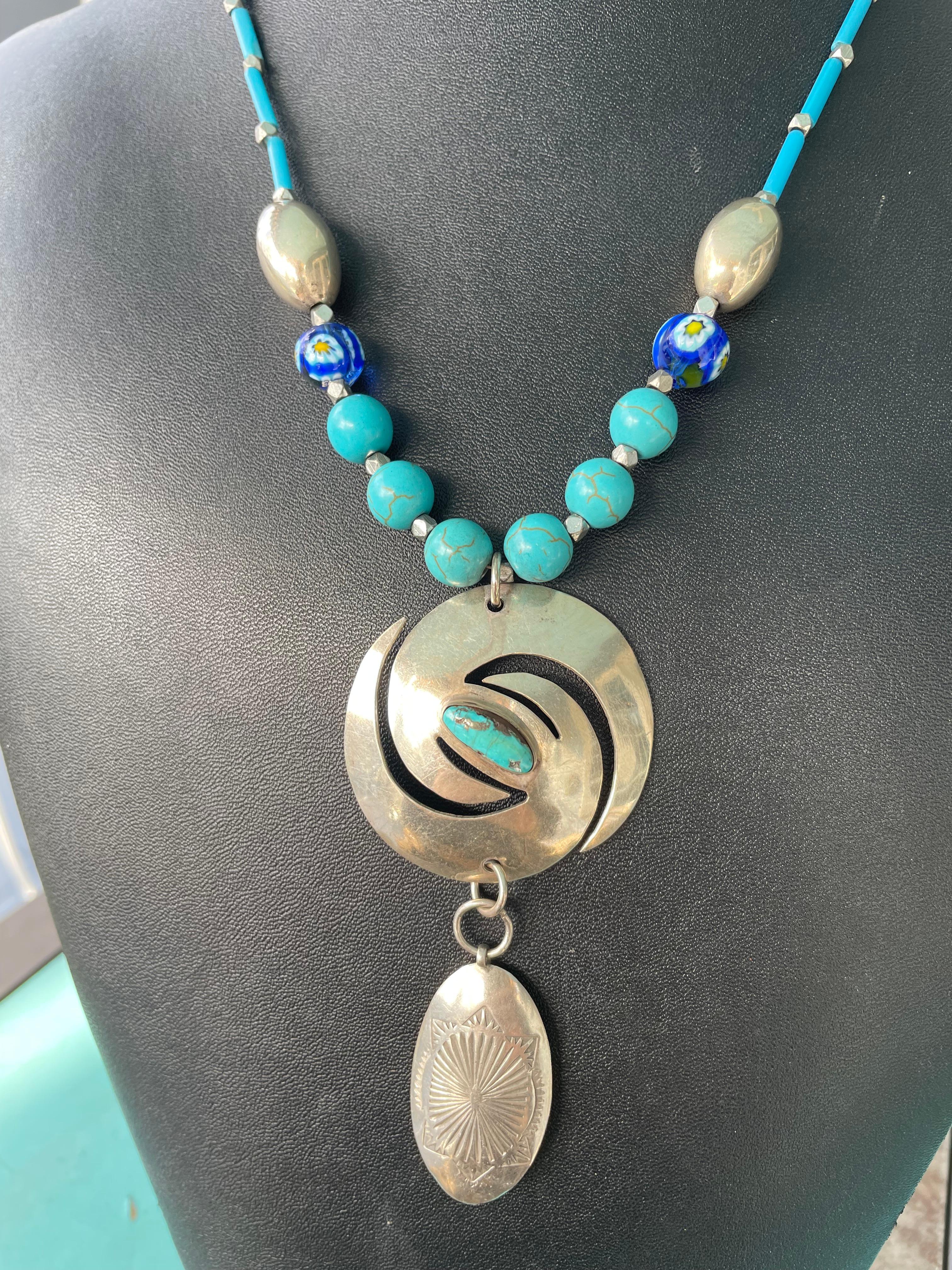 LB bietet Vintage mexikanischen Sterling Türkis Concha Stück venezianischen Halskette (Perle) im Angebot