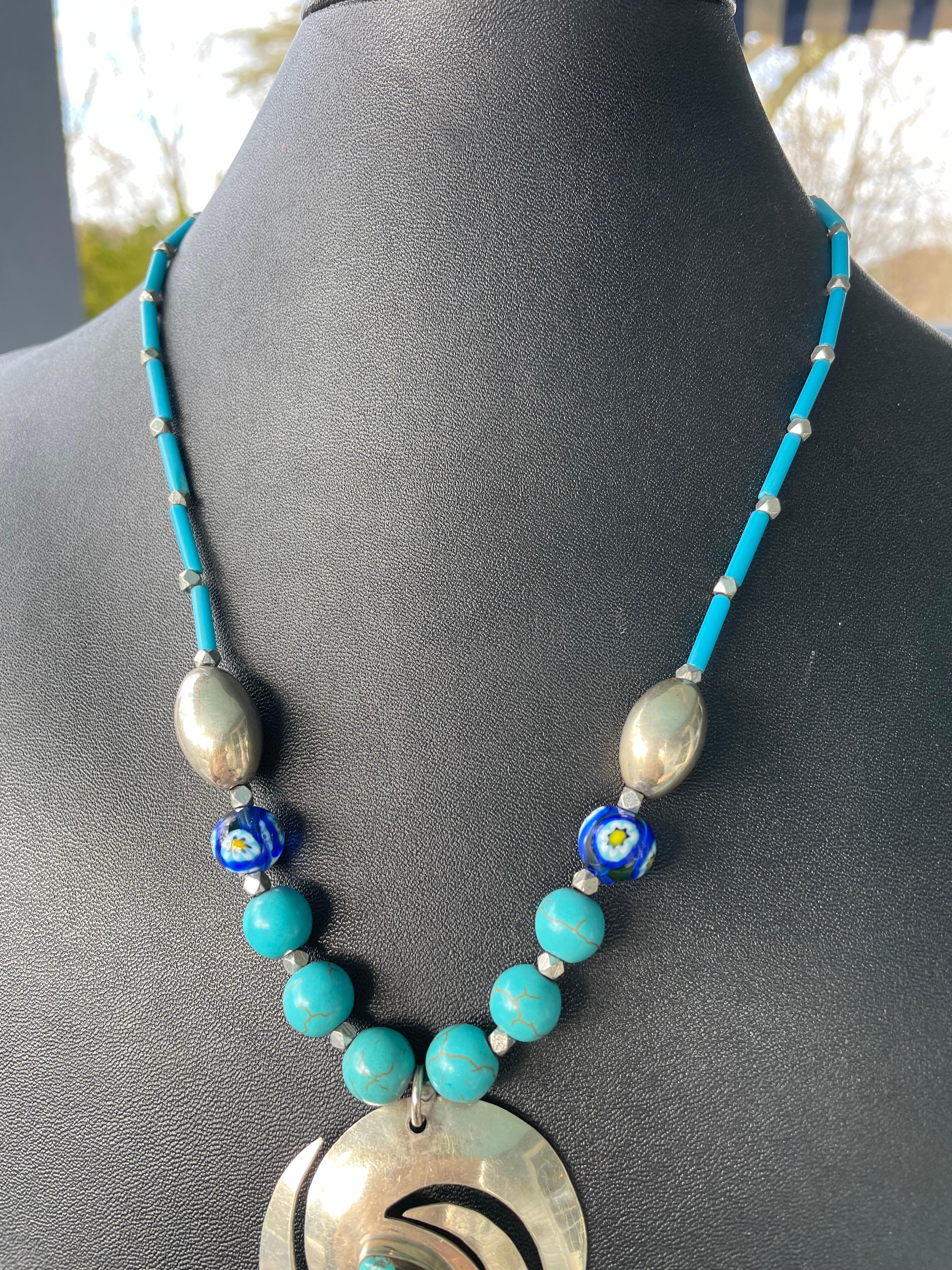 LB bietet Vintage mexikanischen Sterling Türkis Concha Stück venezianischen Halskette für Damen oder Herren im Angebot