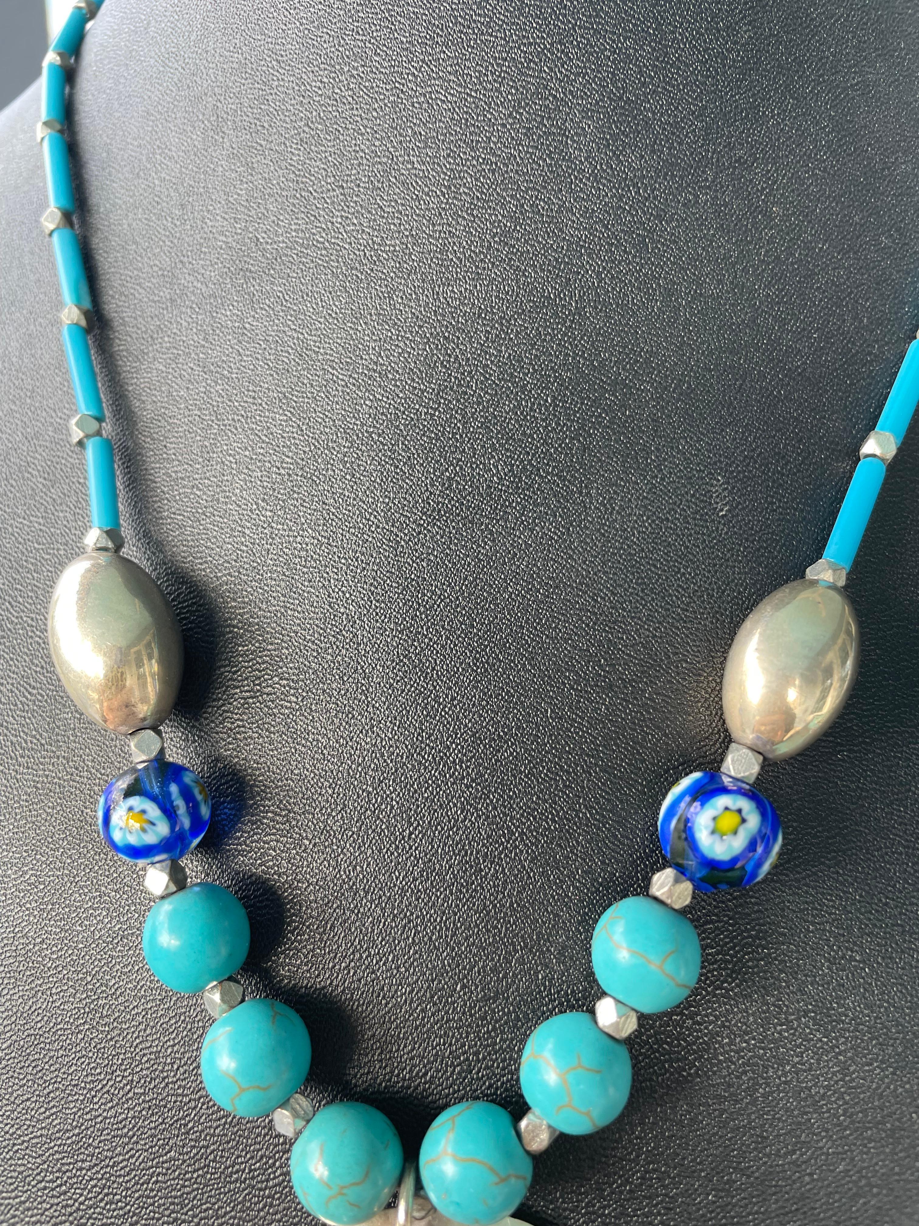 LB bietet Vintage mexikanischen Sterling Türkis Concha Stück venezianischen Halskette im Angebot 1