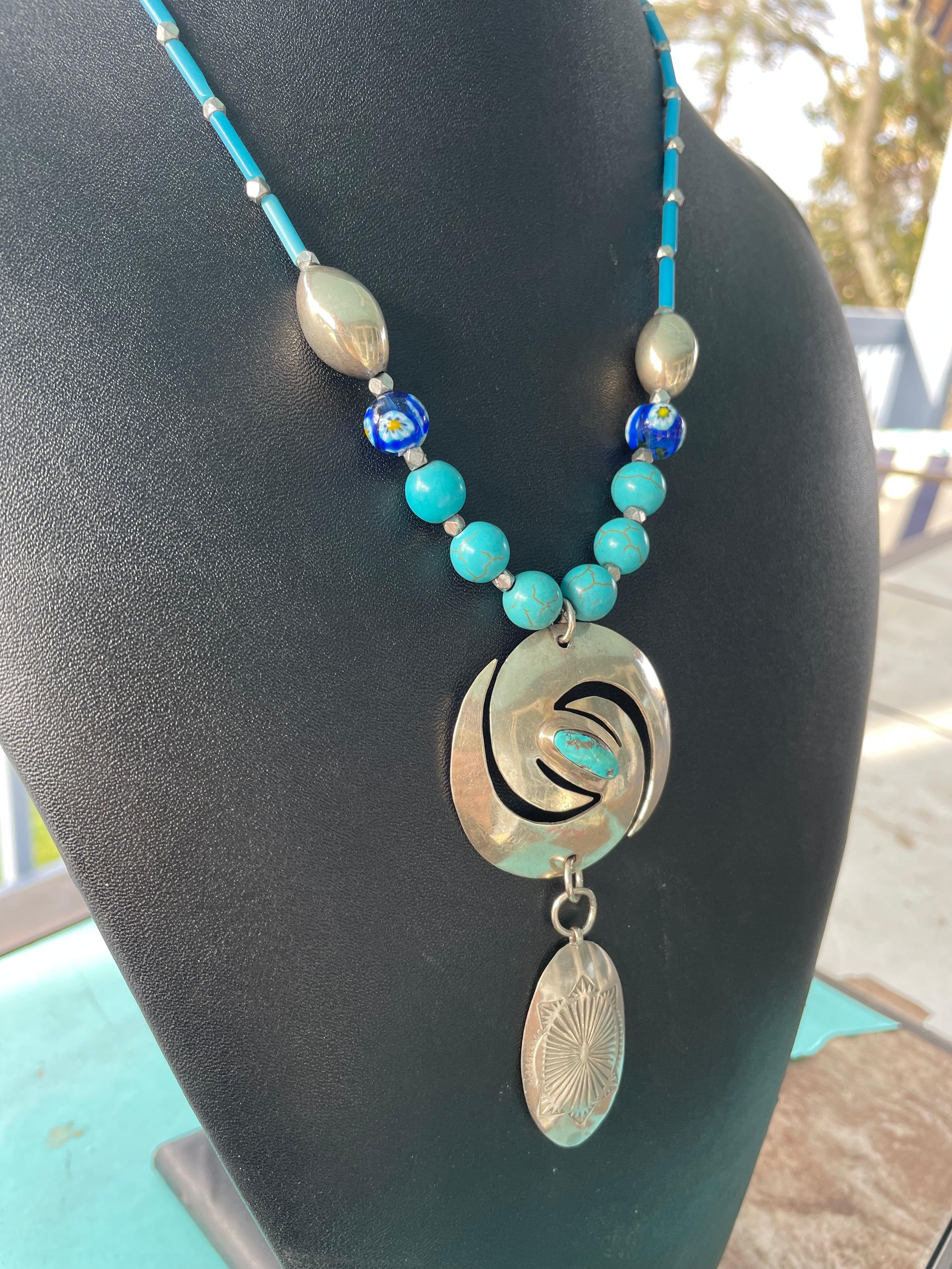 LB bietet Vintage mexikanischen Sterling Türkis Concha Stück venezianischen Halskette im Angebot 3