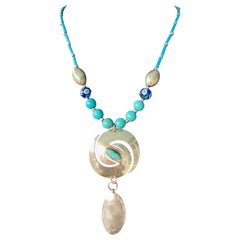 LB offre Vintage Mexican Sterling Turquoise Concha Piece Venetian Necklace