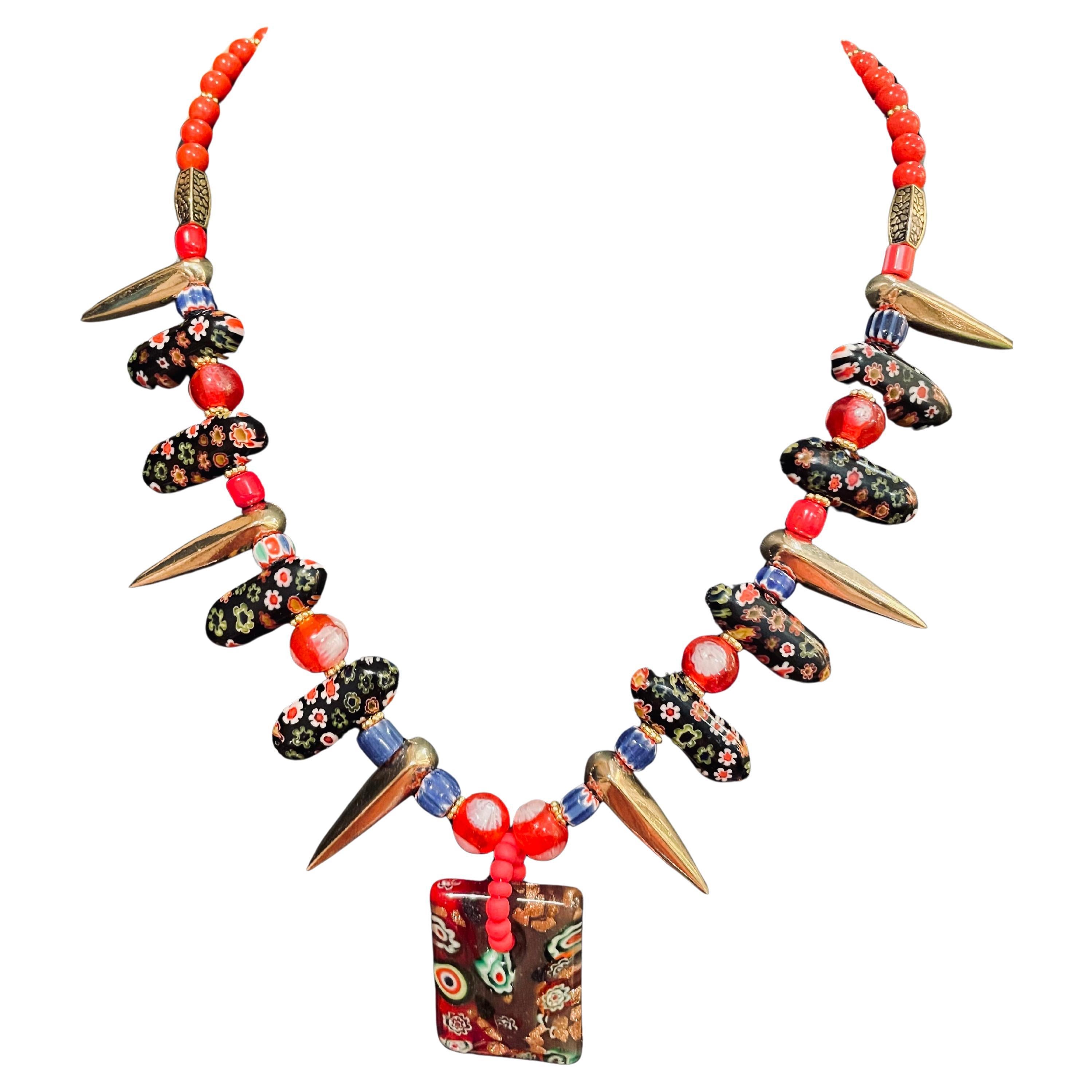 LB offers Vintage Mille Fiore Venetian beads Brass Spikes Glass spacers Necklace For Sale