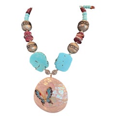 LB offers Vintage MOP Buckle SS enamel Butterfly Turquoise Spiny oyster Necklace