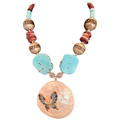 LB offers Vintage MOP Buckle SS enamel Butterfly Turquoise Spiny oyster Necklace