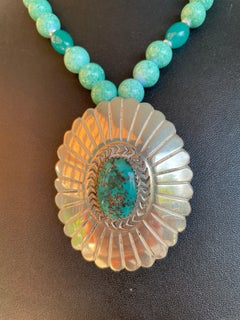 LB offers Vintage Navajo Sterling Turquoise concha pendant Peking glass necklace