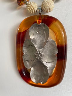 LB offers Vintage Resin Buckle SS Brooch Carved Bone Tibetan Amber Bead Necklace